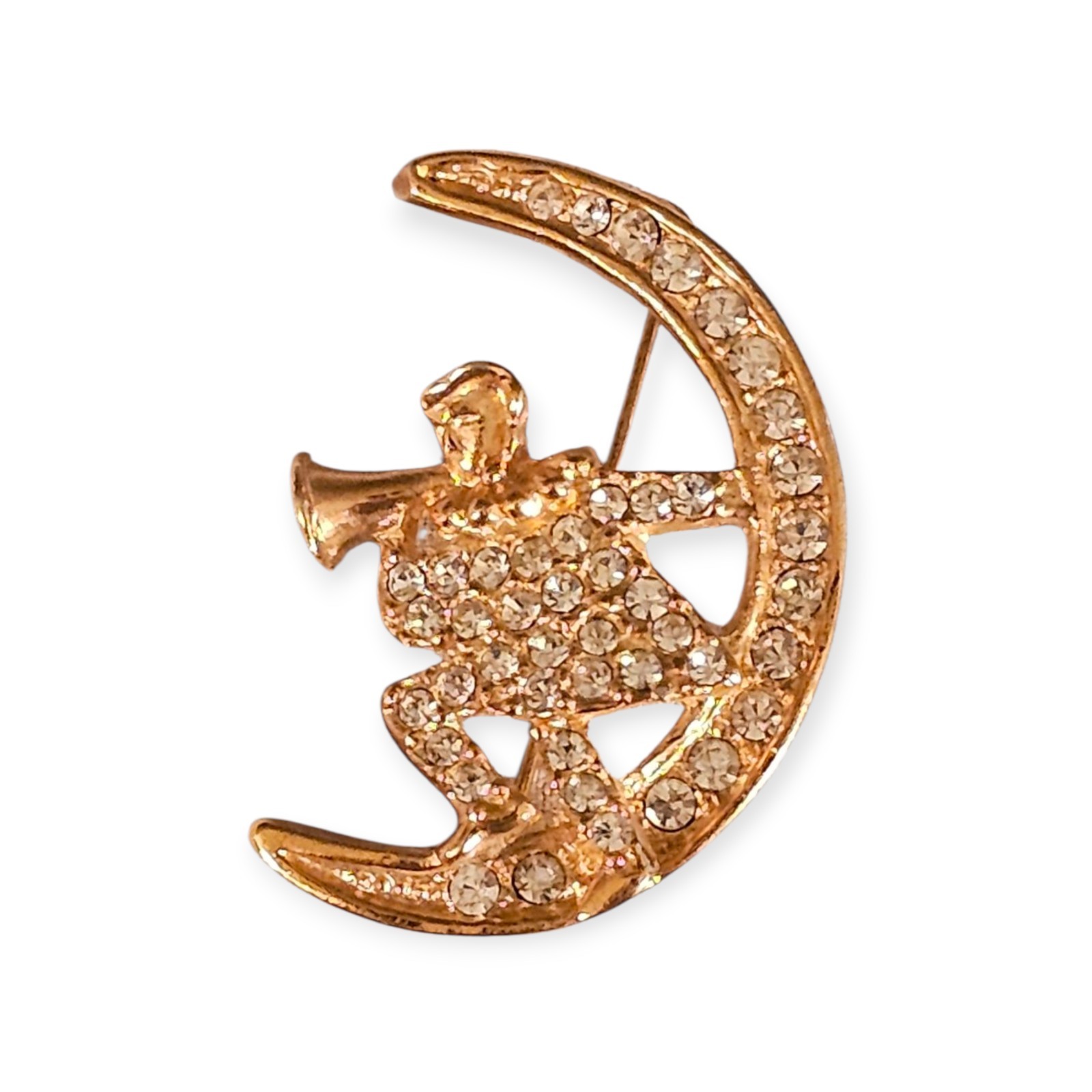 Vintage Whimsical Fairytale Fantasy Man In The Moon Rhinestone Metal Brooch Pin