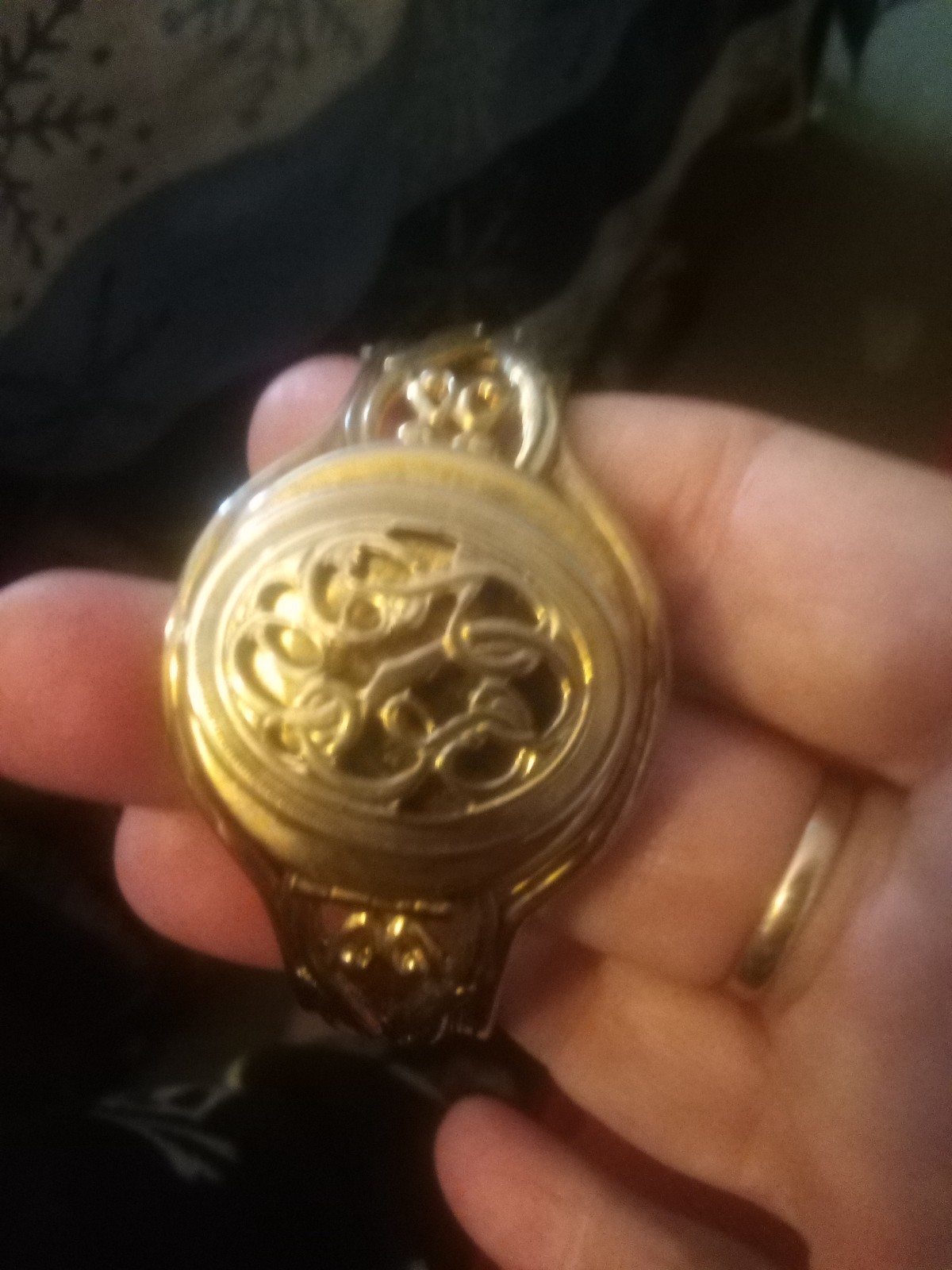 Stellar vintage gold-filled ornate filigree cuff hinge open locket bracelet