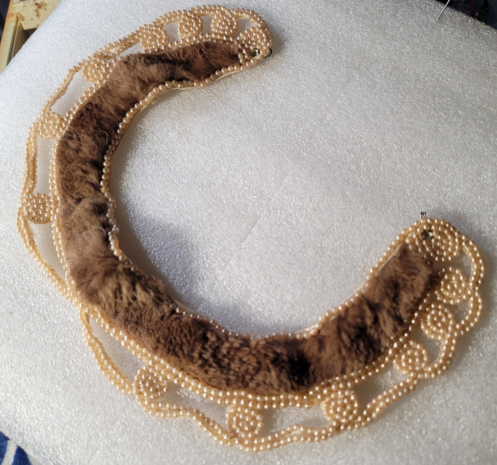 Vintage Seed Faux Pearl Brown Fur Hand Sewn Crafted Decorative Collar Necklace