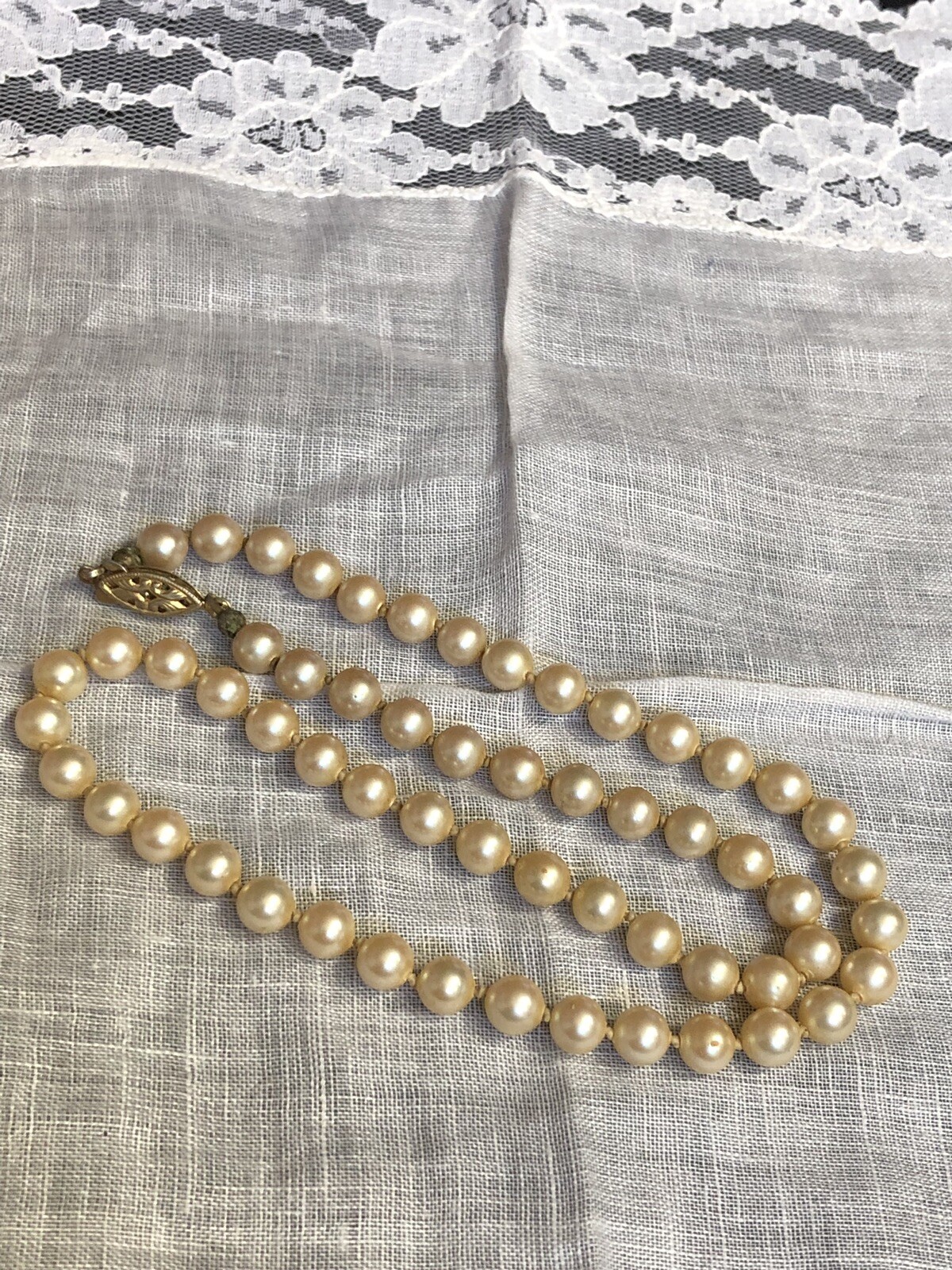 Vintage Signed Silver 17″ Wedding Faux Pearl Necklace Knotted Jewelry YT-42