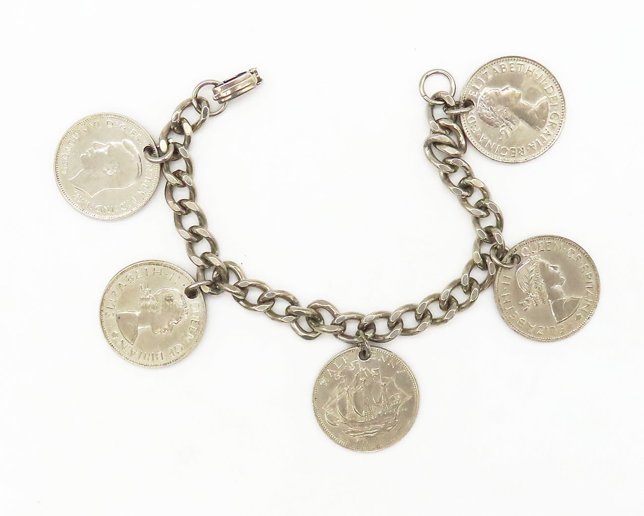 VINTAGE SILVER COLORED BRITISH HALF PENNY COIN CHARM BRACELET