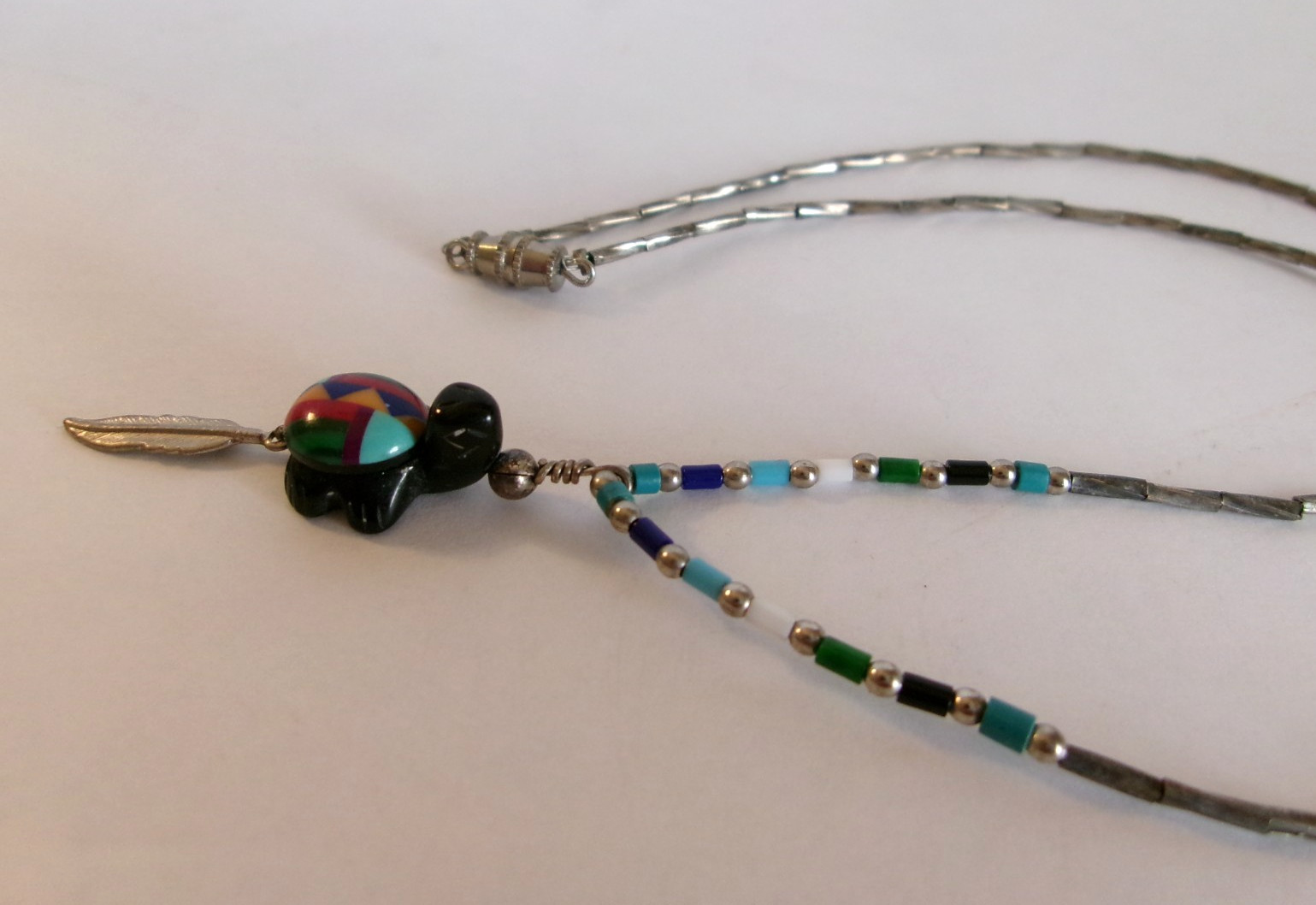 Inlay Turtle Pendant Necklace 18″ Liquid Silver & Bead Chain