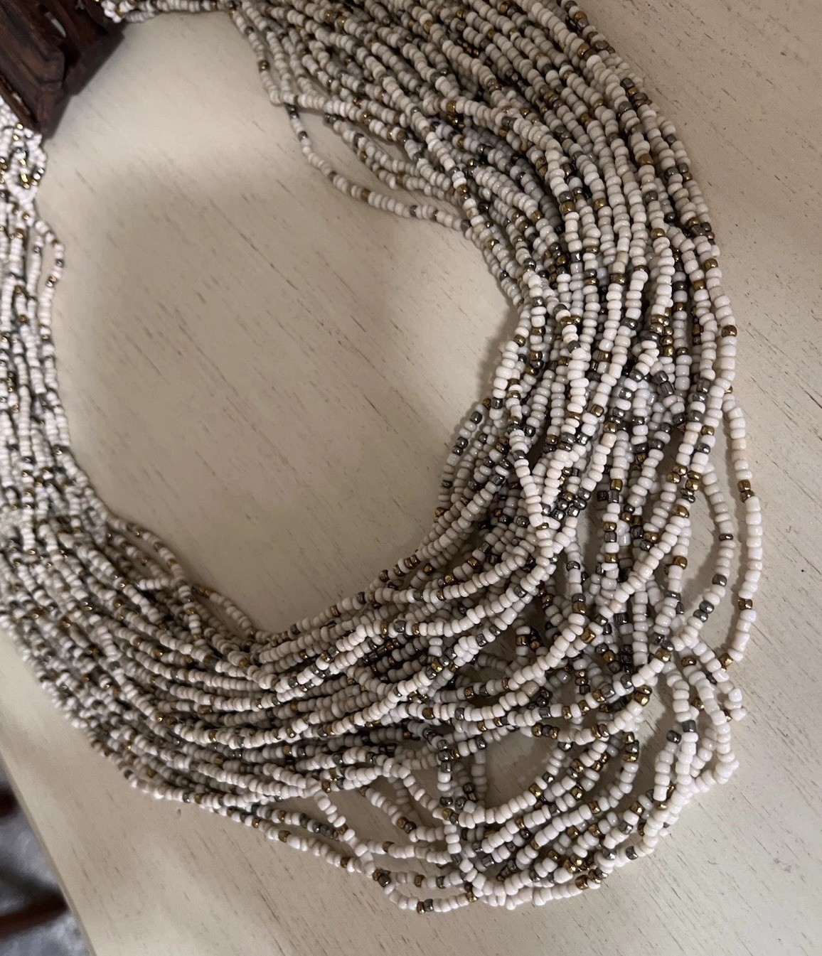 Vintage Multi Layered Ivory Gold Glass Seed Beaded Wood Hook Clasp Boho Necklace
