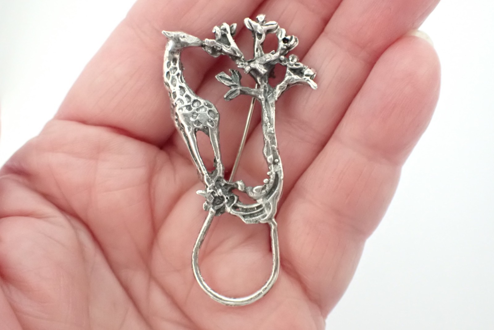 Vintage Sterling Silver Giraffe And Tree Brooch 925 Safari Animal