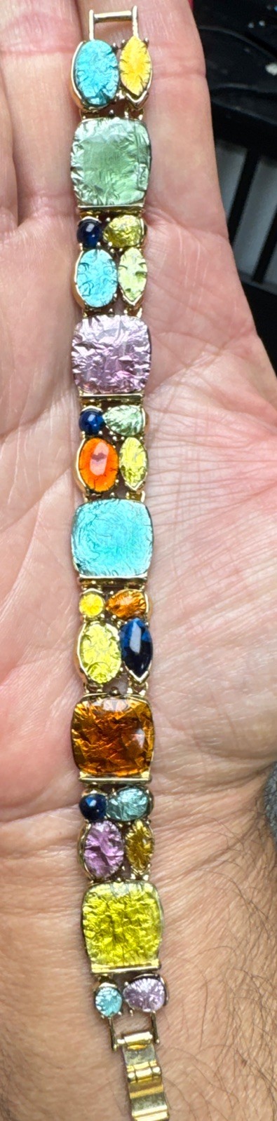 Vintage Foiled Art Glass Gold Plate Panel Link 8”Bracelet