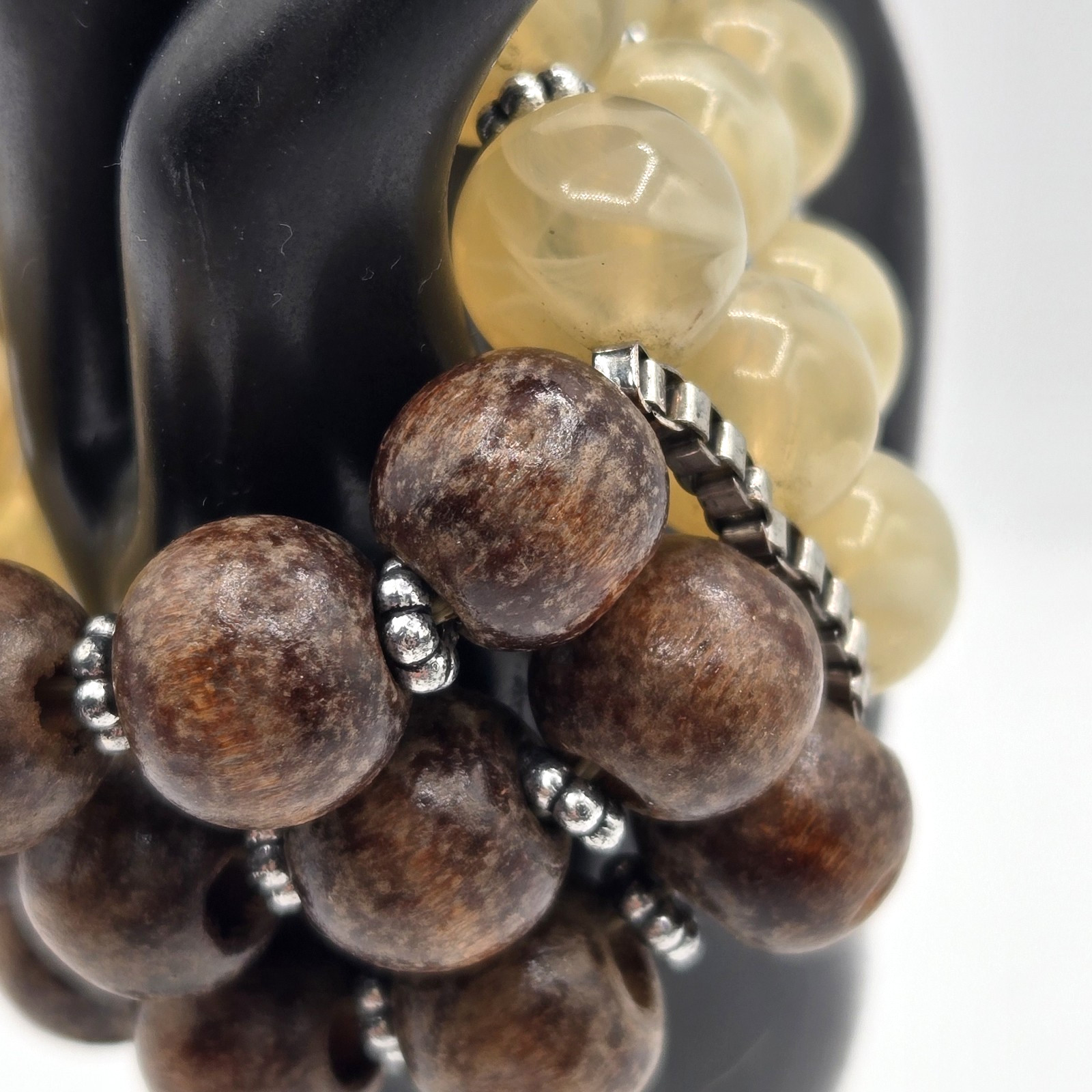 VTG Three Strand Wood and Lucite Beaded Stretch Bracelet Silver Accents