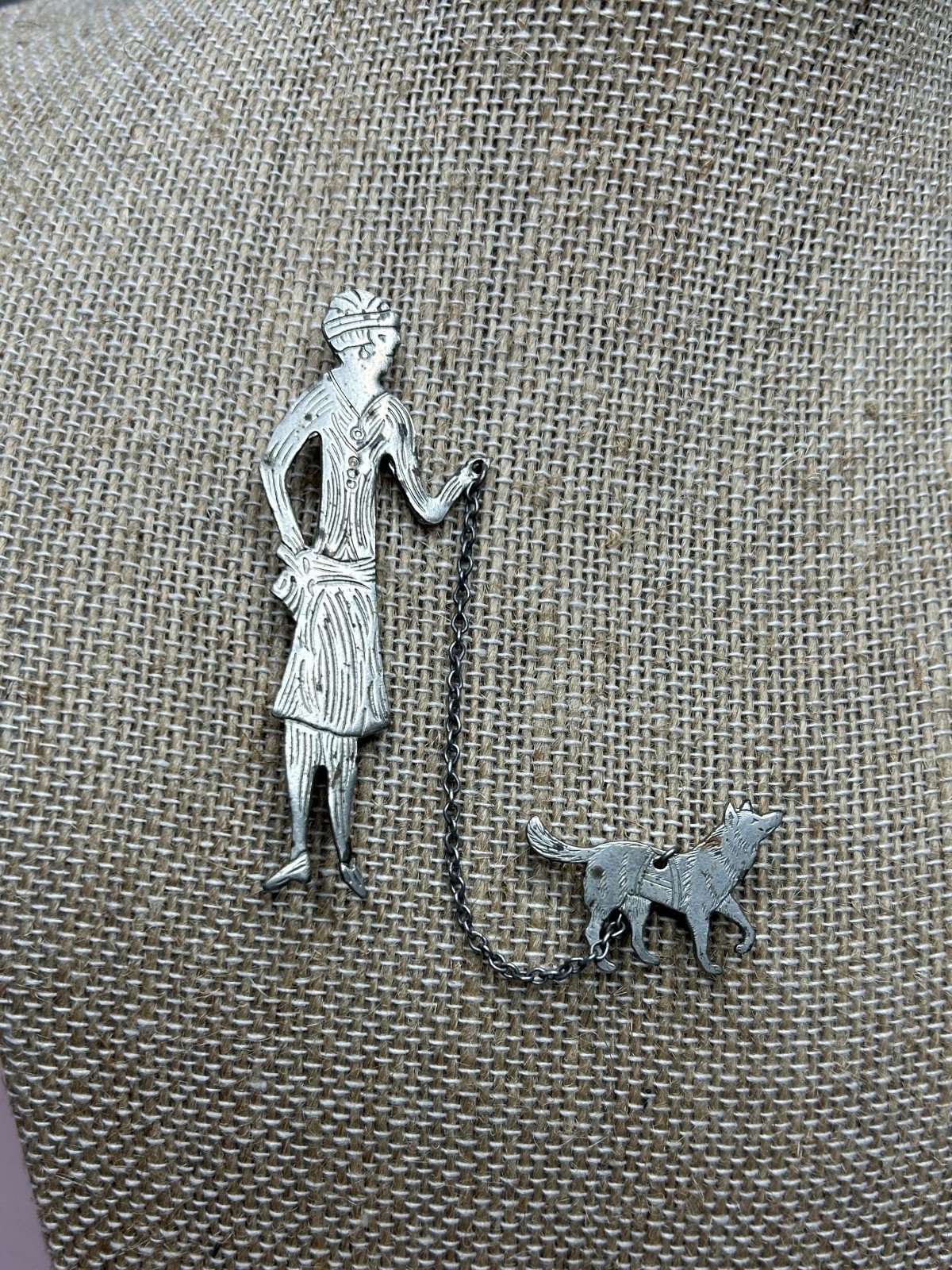Antique Art Deco Lady Walking Dog Brooch Pin Silver Tone Flapper 1920s