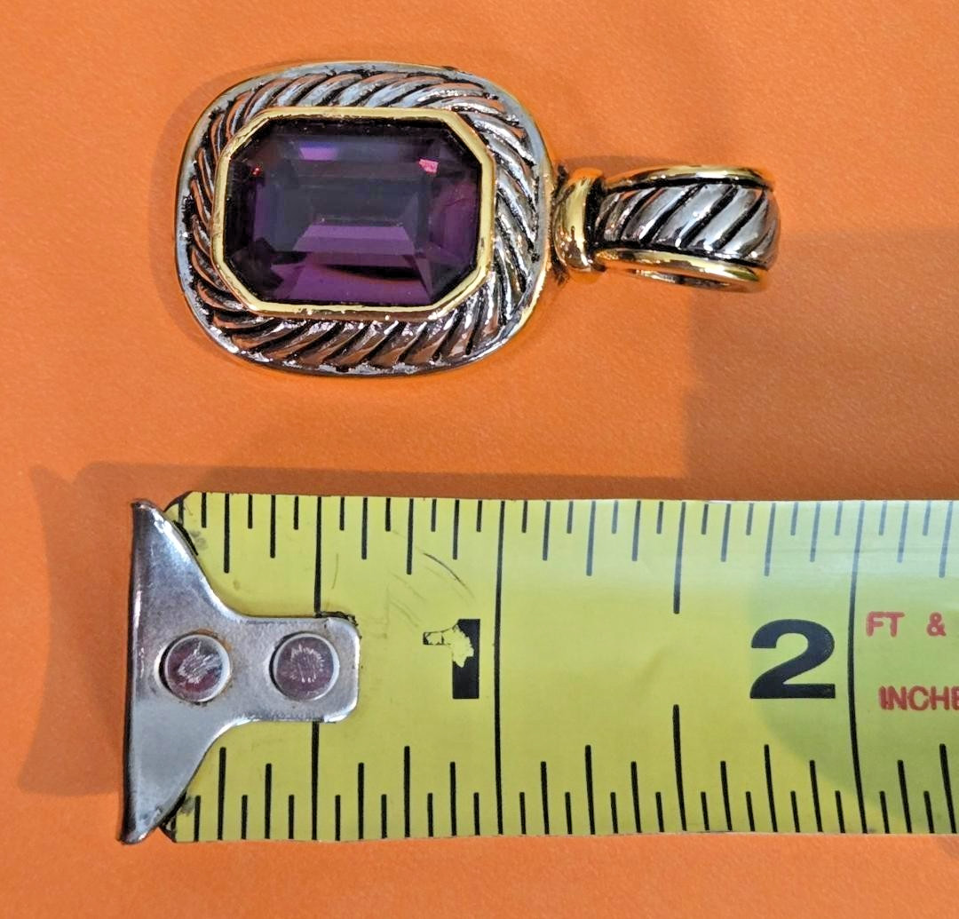 VTG. Silver/Gold-Tone HEAVY Textured Rope Design Amethyst-like Purple Pendant