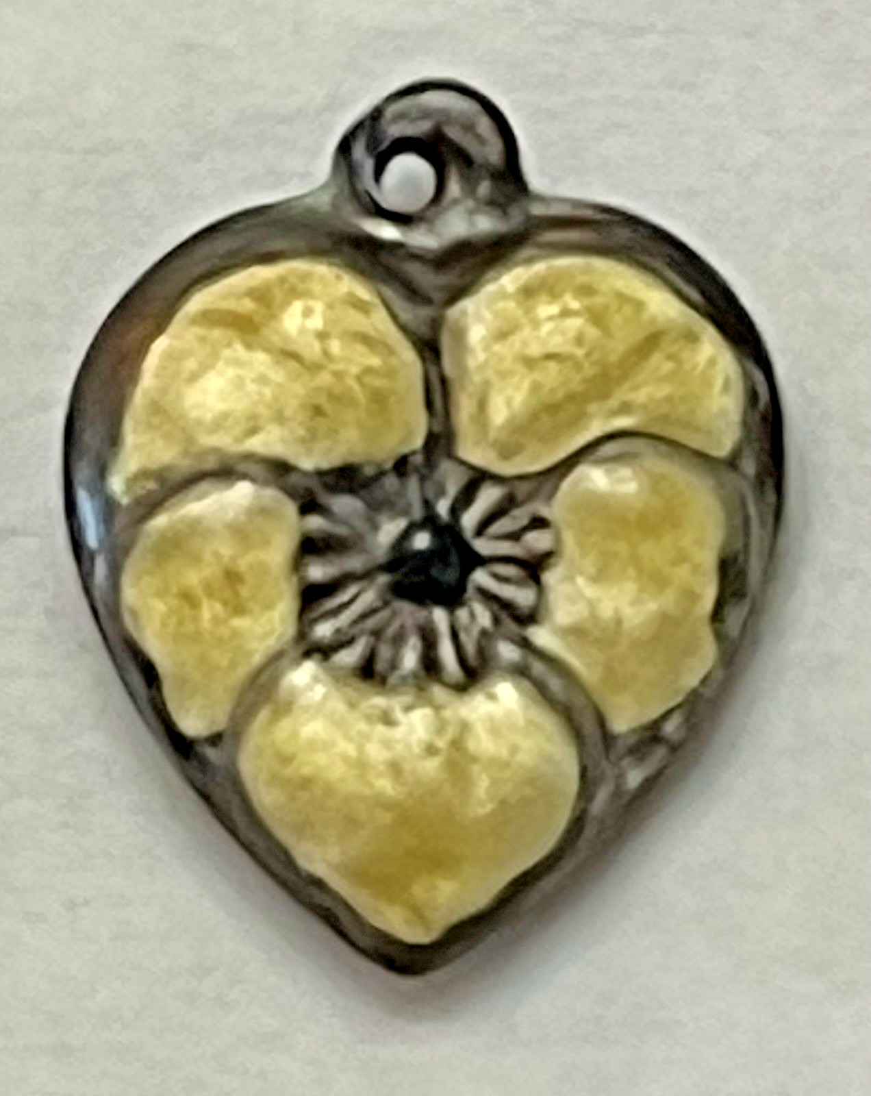 Sterling Silver Heart Flower Charm Puffy Enamel Pansy 925 Vintage Stamped Yellow