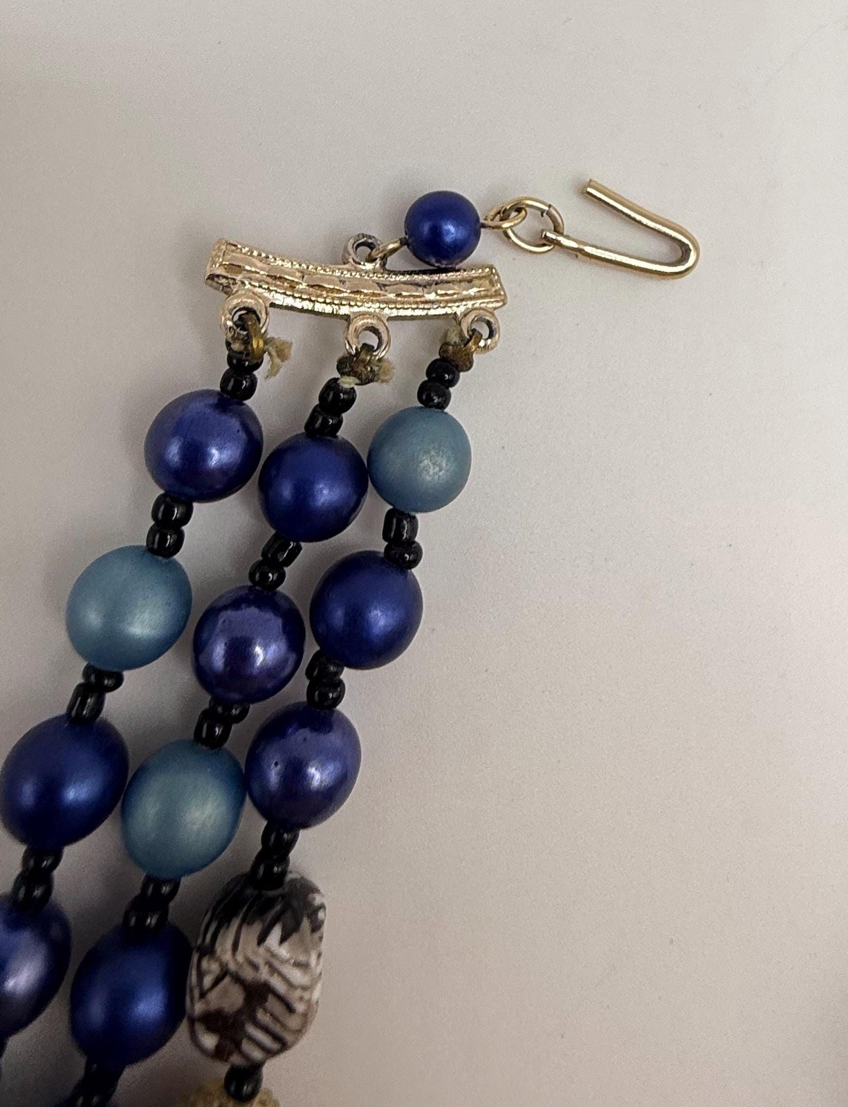 Vintage blue and gold two strand necklace and clip on earring set