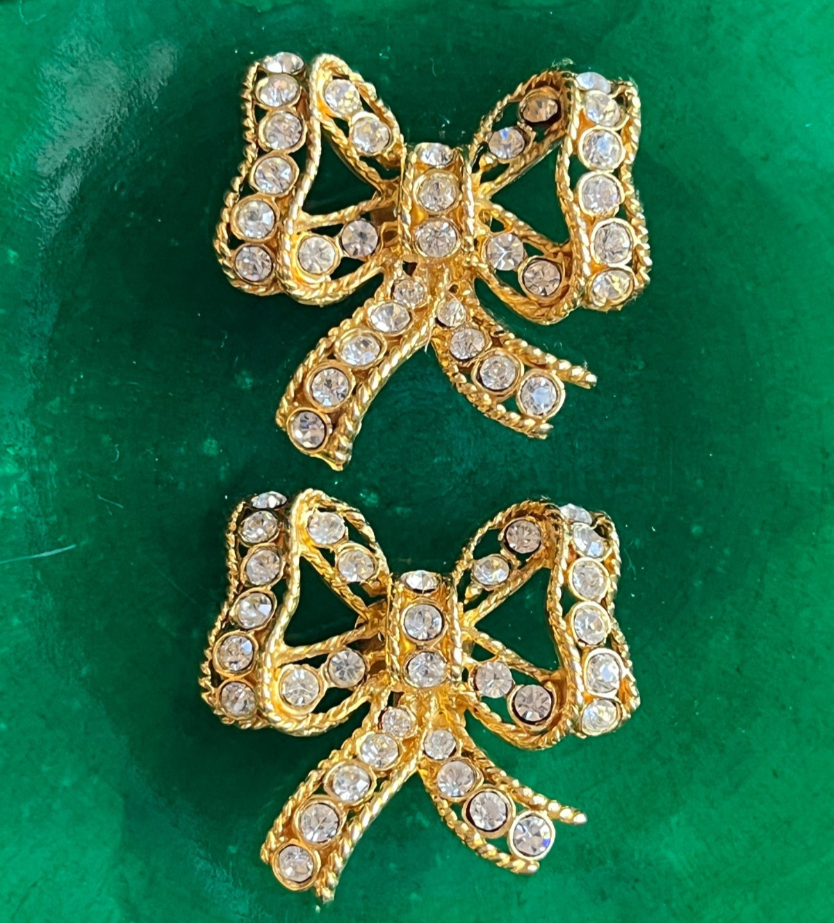 Vintage 1980s Rhinestone Bow Gold Tone Clip Earrings Bridal Statement Signed AFJ