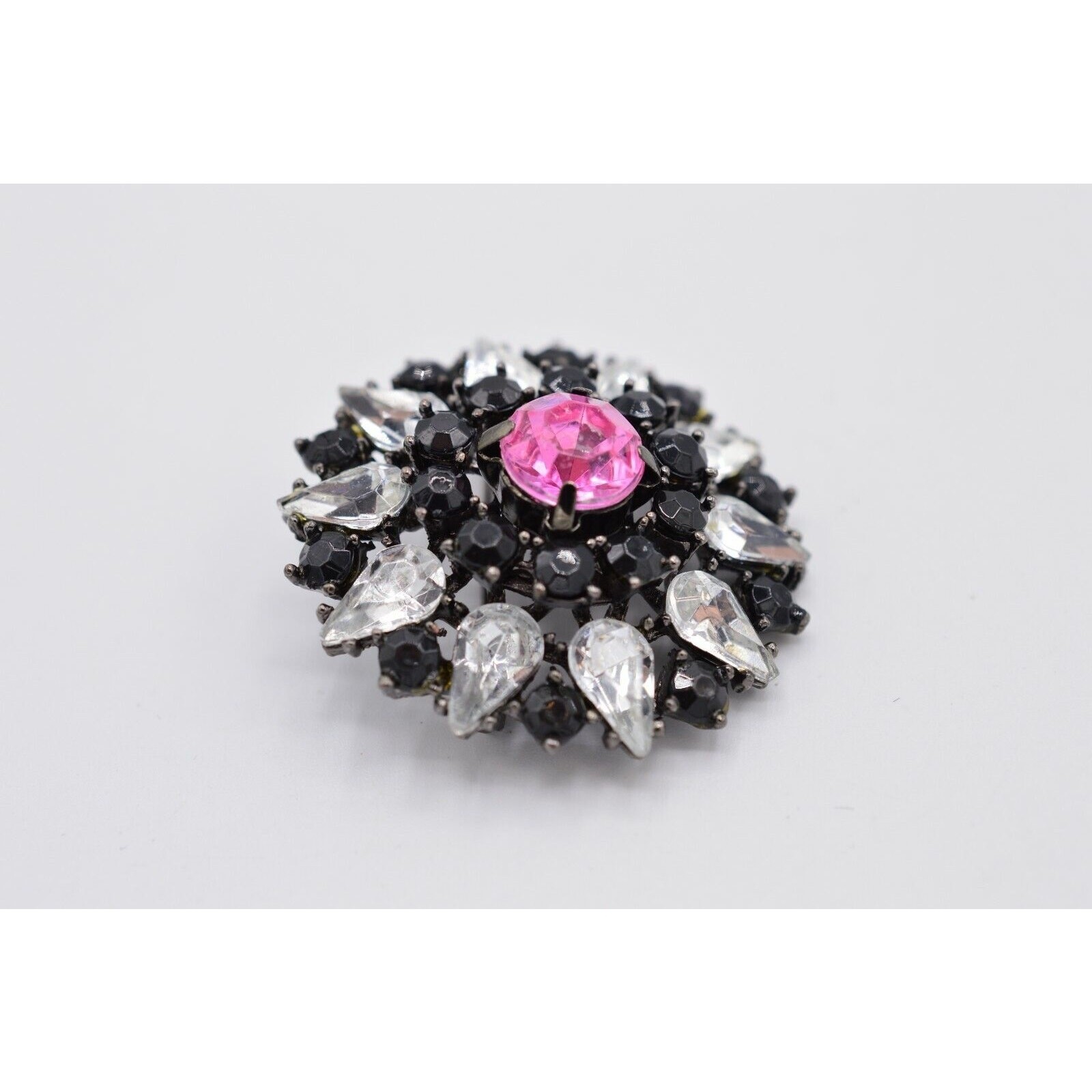 Vintage Pink Crystal Starburst Pin Brooch Rhinestone Black Gunmetal 1980s Bin5B