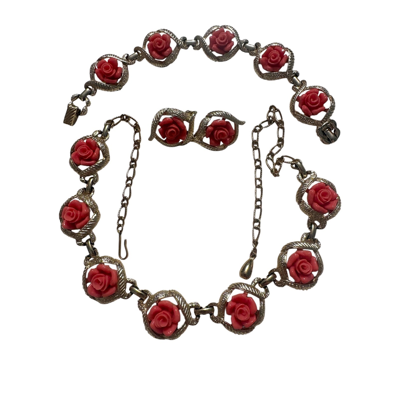 Vintage Sarah Coventry Coral Rose Jewelry Set Necklace Bracelet Clip Earrings