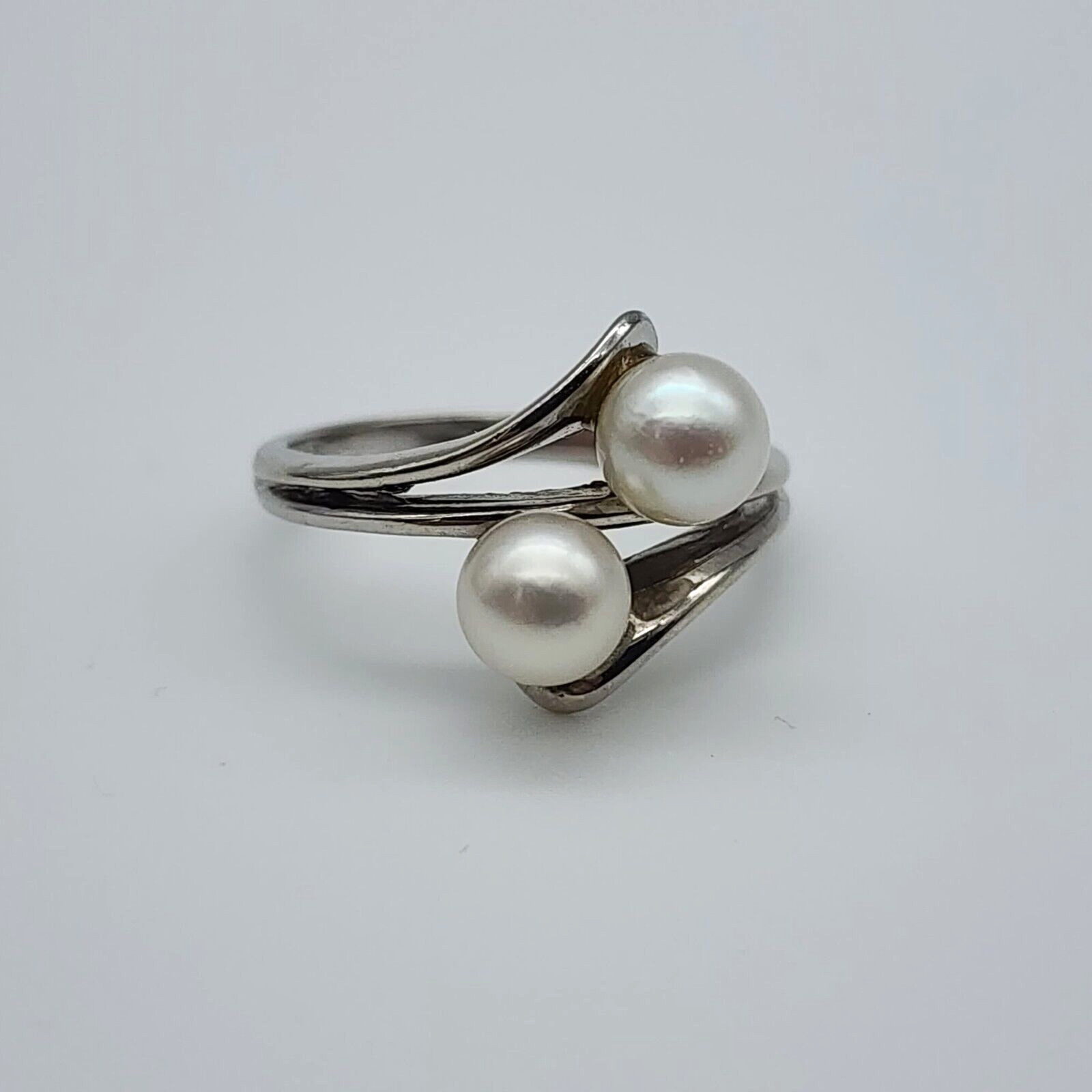 Vintage Skal 14k White Gold – Double 5.3 mm Pearl Ring – Size 4 1/8
