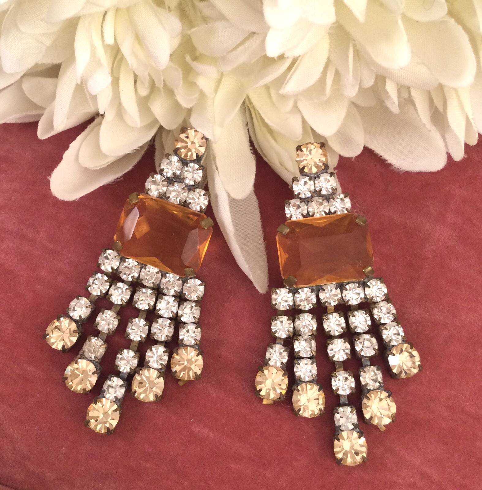 Vintage Jewellery Czech Earrings Champagne White Crystal Gold Antique Jewelry