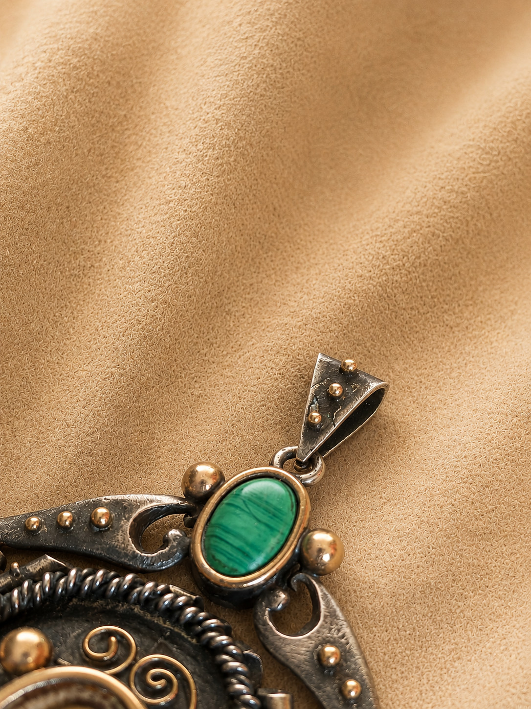 Antique Gold Silver Religious Pendant Virgin Mary Malachite Large Rare