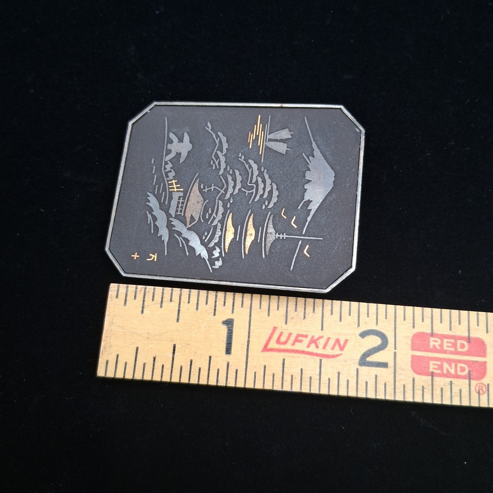 Vintage Japanese Damascene Scene Brooch Mount Fuji Trees Buildings MCM Large