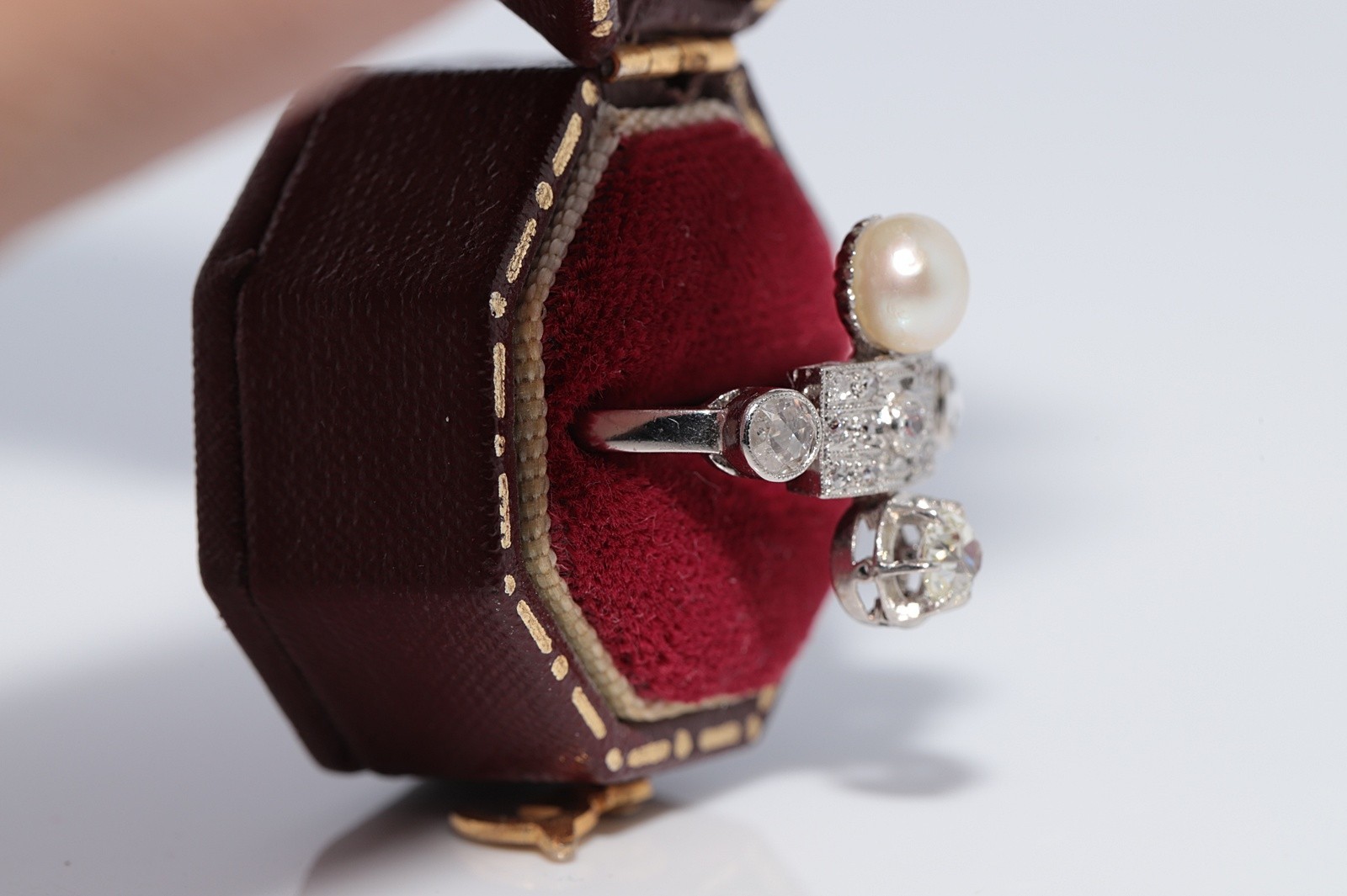 Antique Circa 1920s Platinum Art Deco Natural Diamond And Pearl Decorated Ring