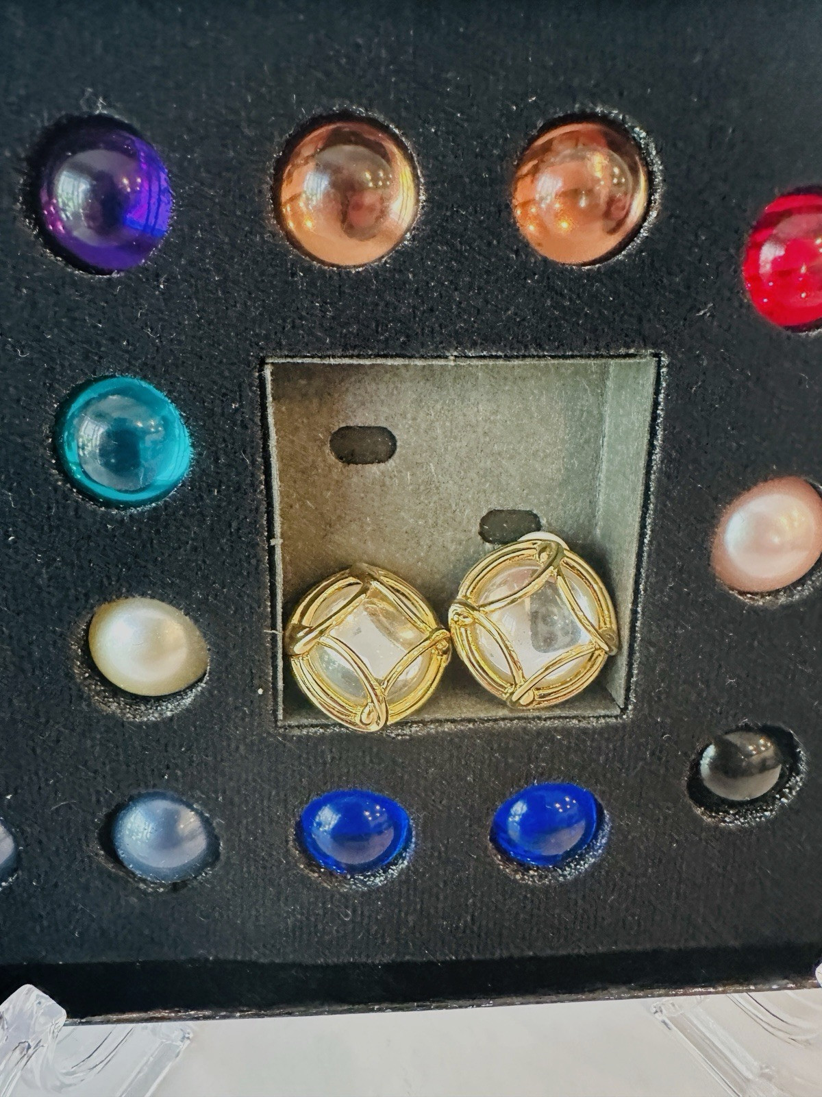 VTG JOAN RIVERS 10 Color Interchangeable Caged Cabochon Clip On Earring Set