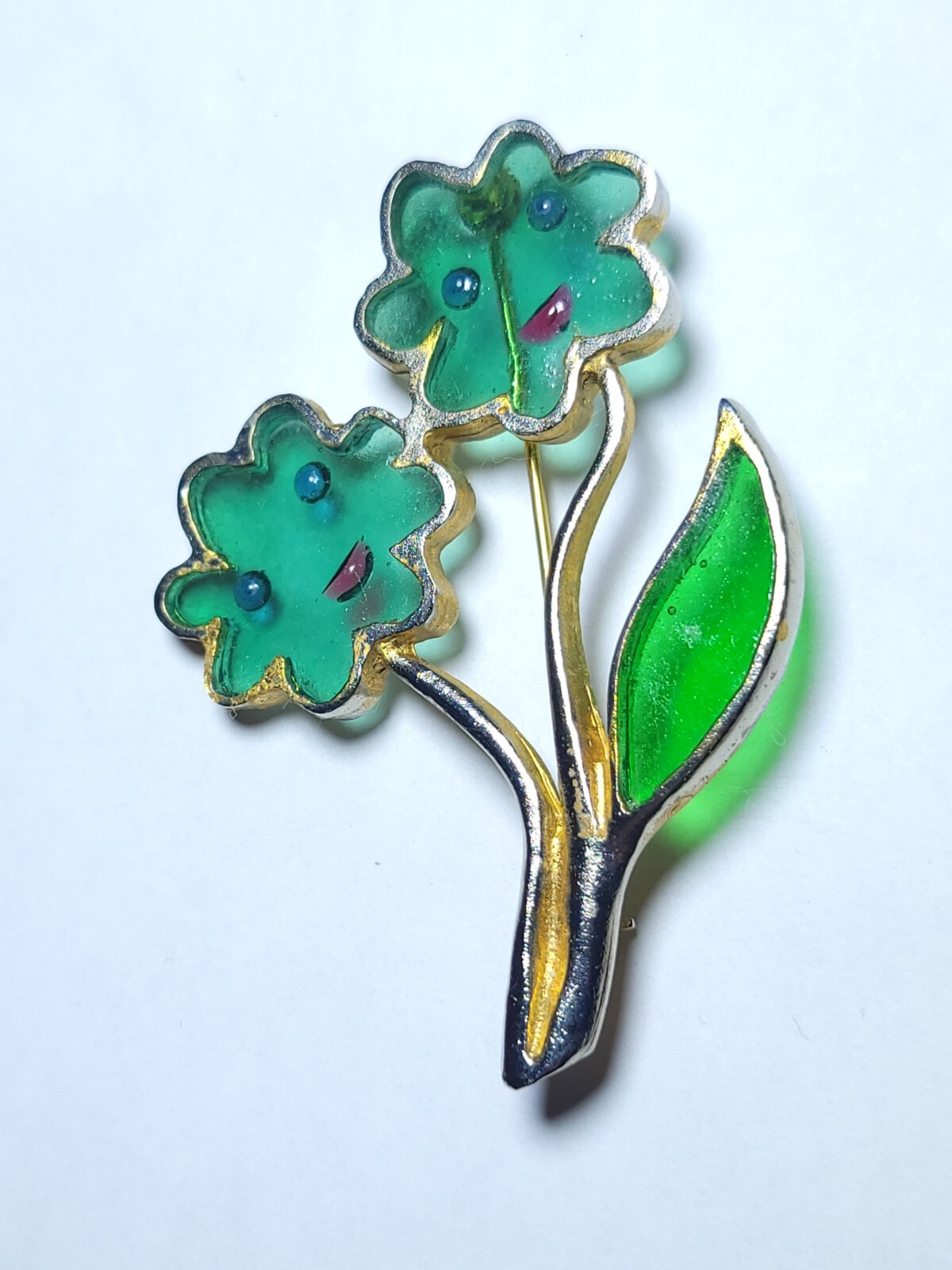 Enamel Flower Face Brooch by Joy Vintage Plique A Jour Green Stained Glass Resin