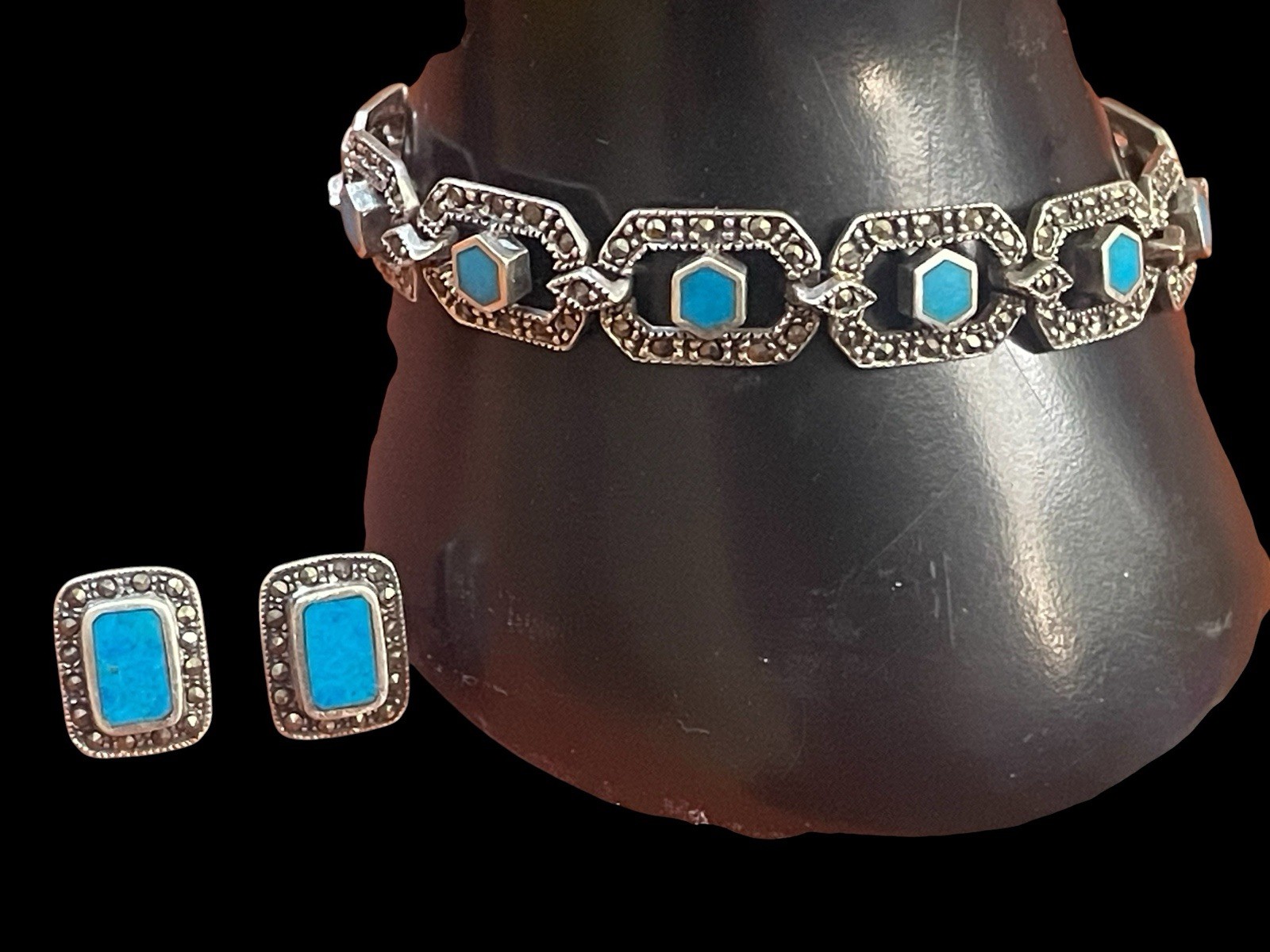 VTG .925 Stamped Sterling Silver Geometric Blue Turquoise Bracelet And Earrings