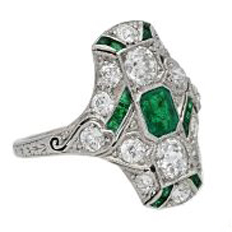 1.2Ctw Green Emerald & Round Simulated Diamond Art Deco Wedding 925 Silver Ring