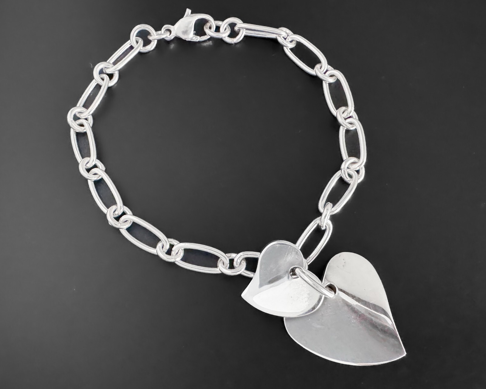 17g Vtg Sterling Silver Modernist Double Heart Tag Charm Design Link Bracelet