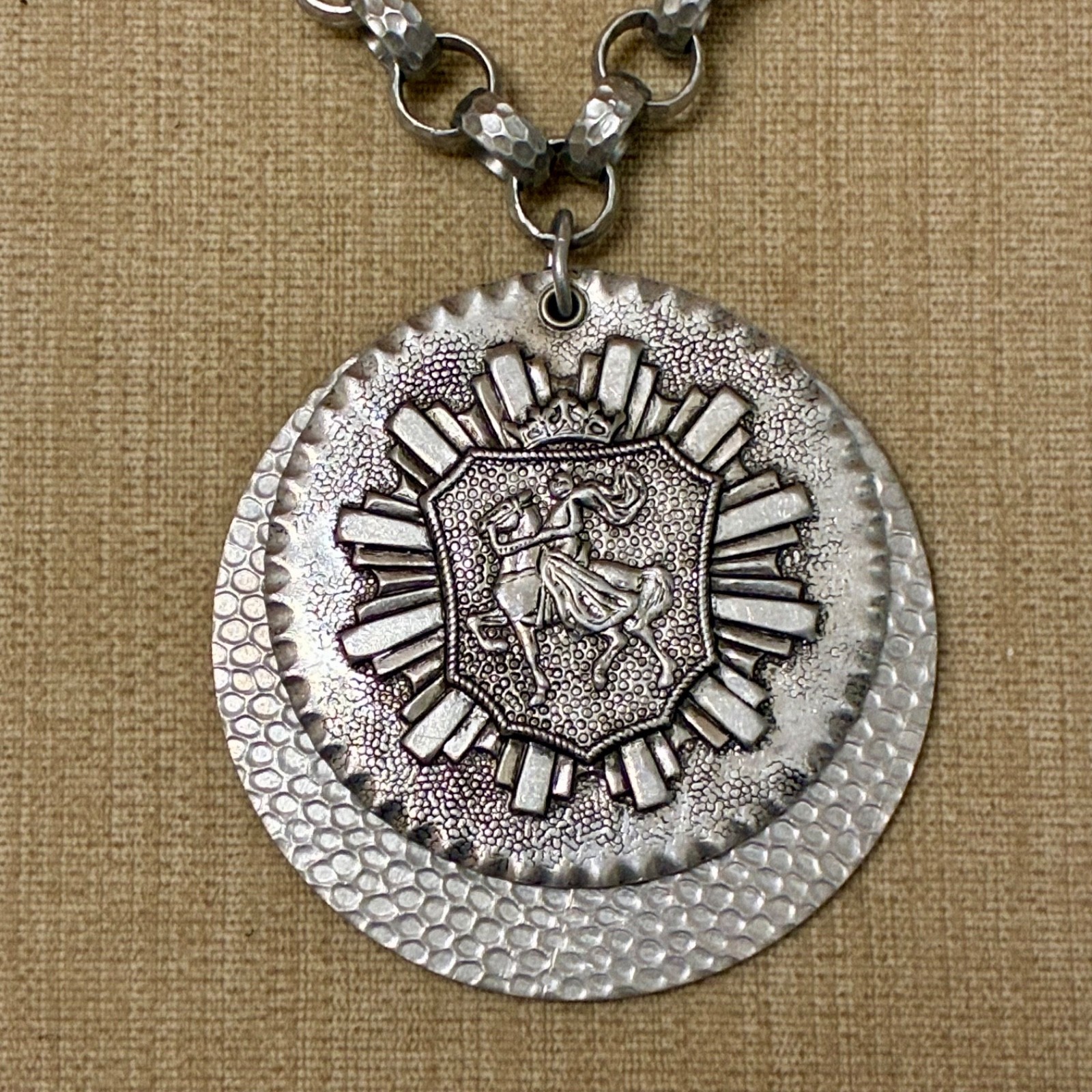 Vintage Aluminum Crest Pendant Necklace
