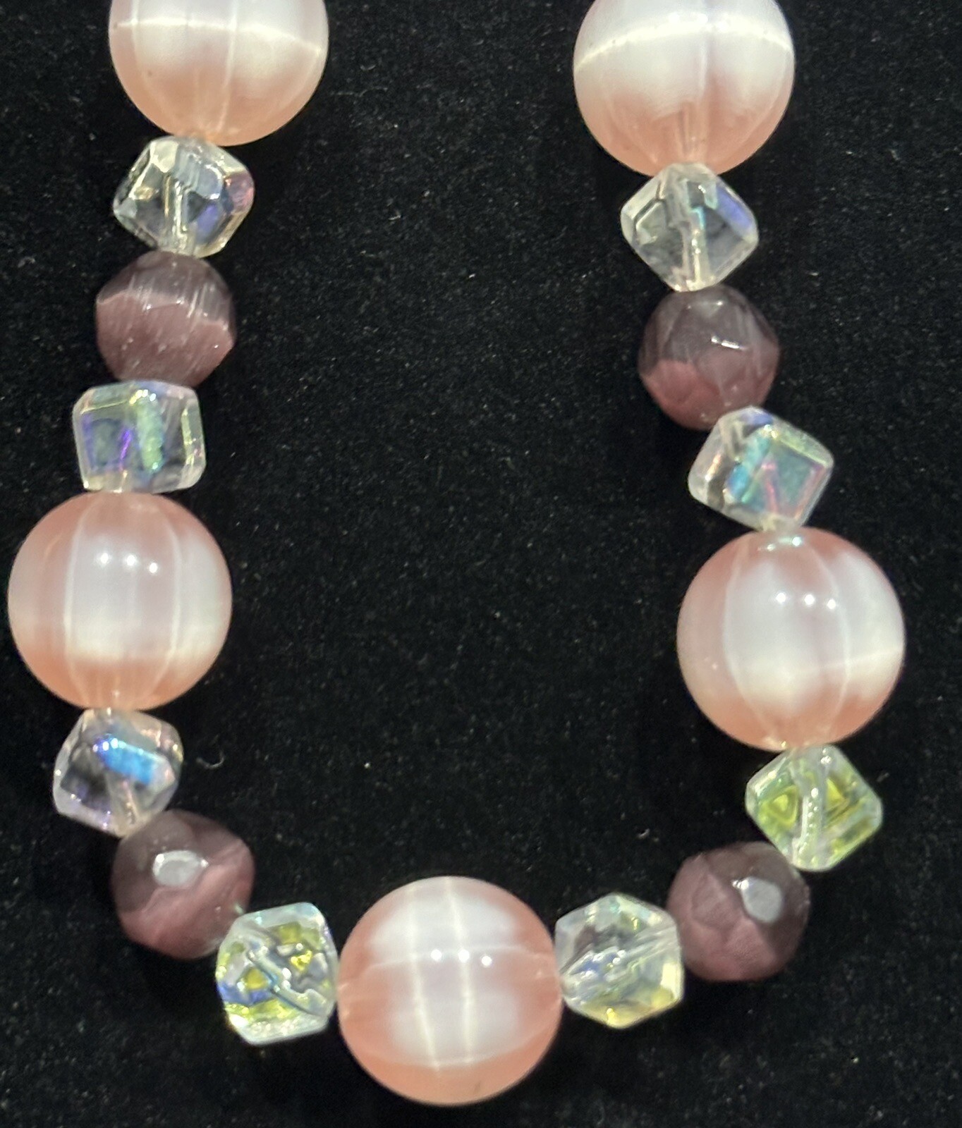 Vintage Pink Rose QUARTZ Genuine Stone & Crystal Beaded Necklace – 19” Goldtone