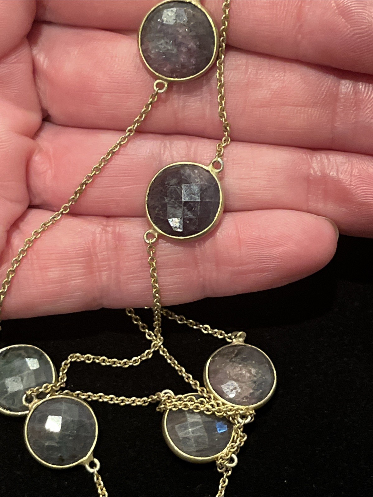 Vintage labradorite bezel station necklace Gemstones 32” Gold Bronze Tone Chain