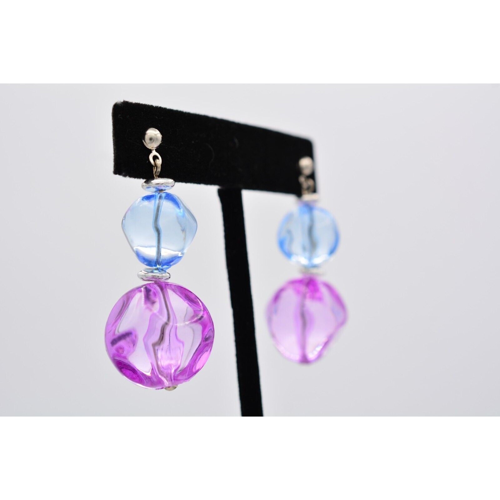 Vintage Lucite Beaded Dangle Earrings Blue Juicy Pink Drop Chunky Bright 80s W1
