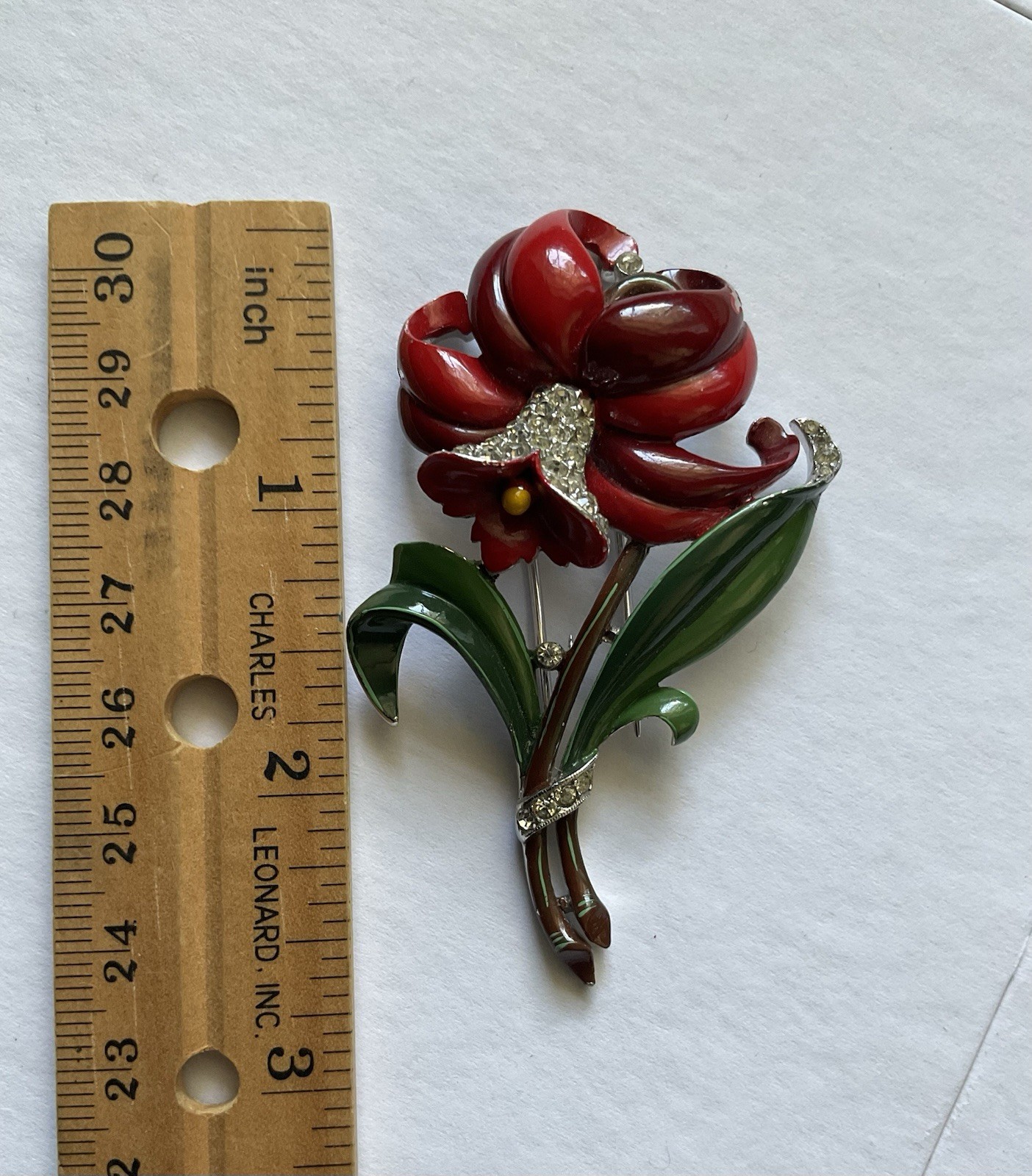 Trifari ‘Alfred Philippe’ Pave and Enamel Red Daffodil Flower Pin Fur Clip