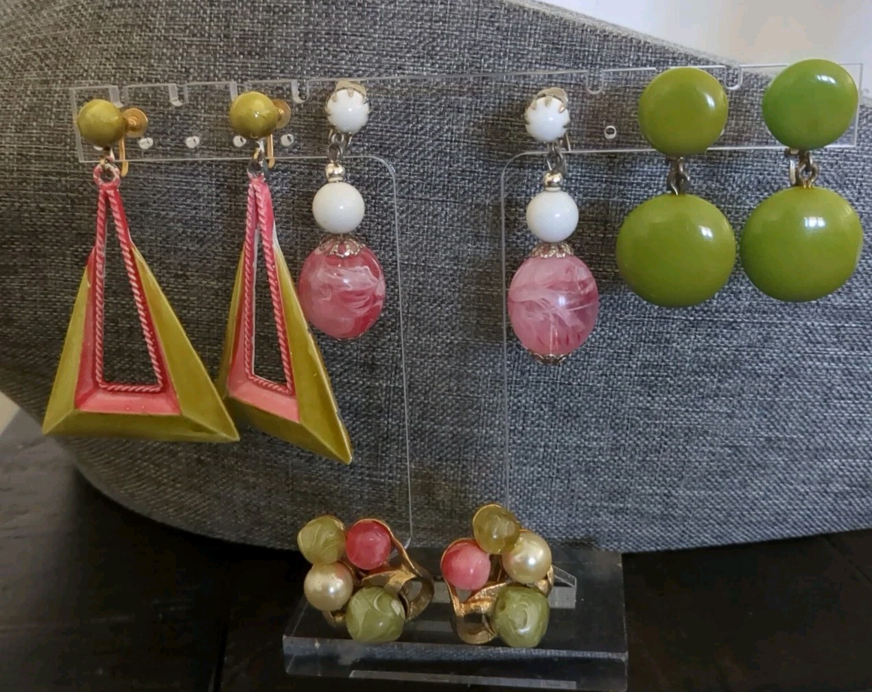 Vintage Earring Lot Pink and Green Clip Ons Screwback Lot of 4 Pairs Earrings