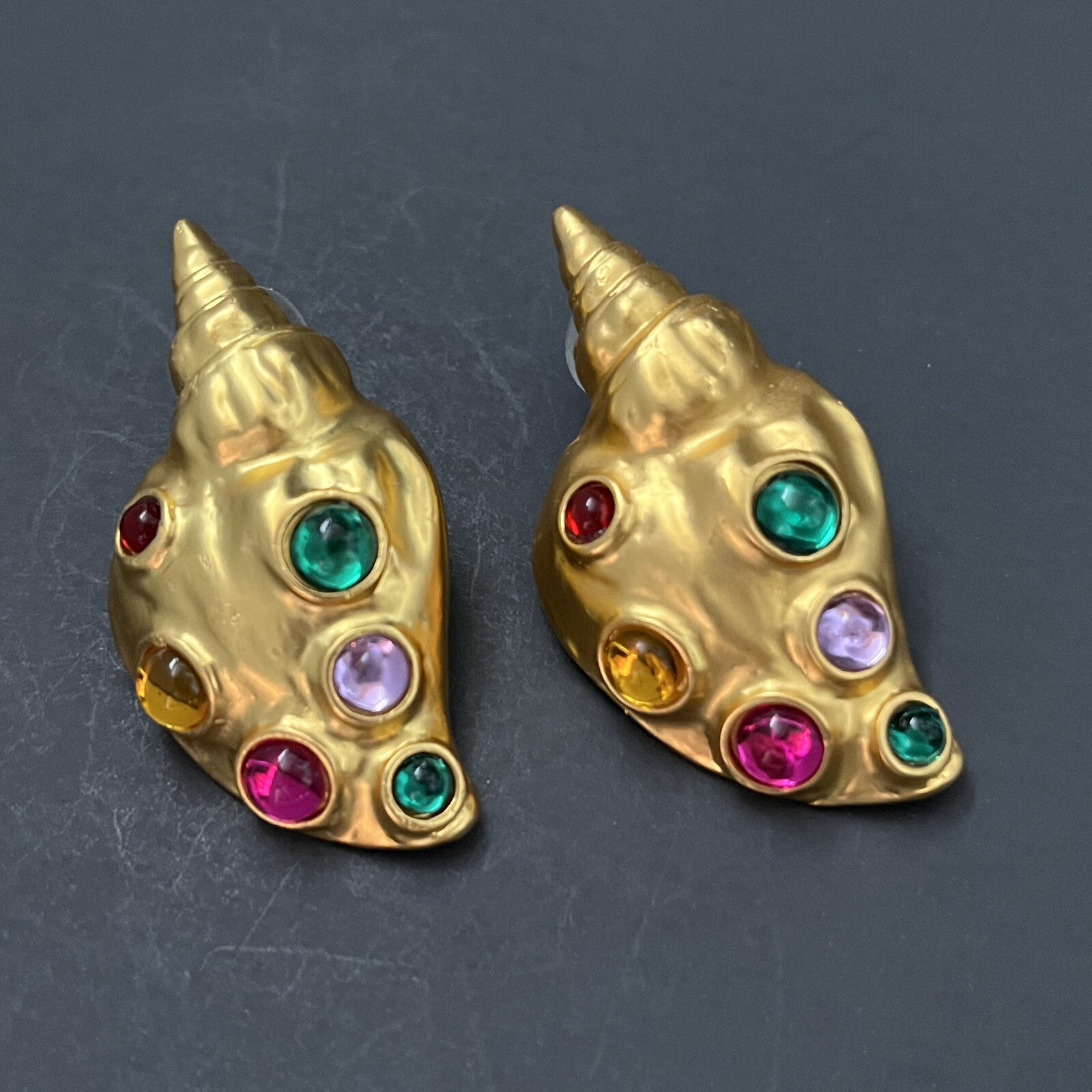 Matte Gold Seashell Conch Shell Earrings Mogul Cabochon Pierced Statement Bold
