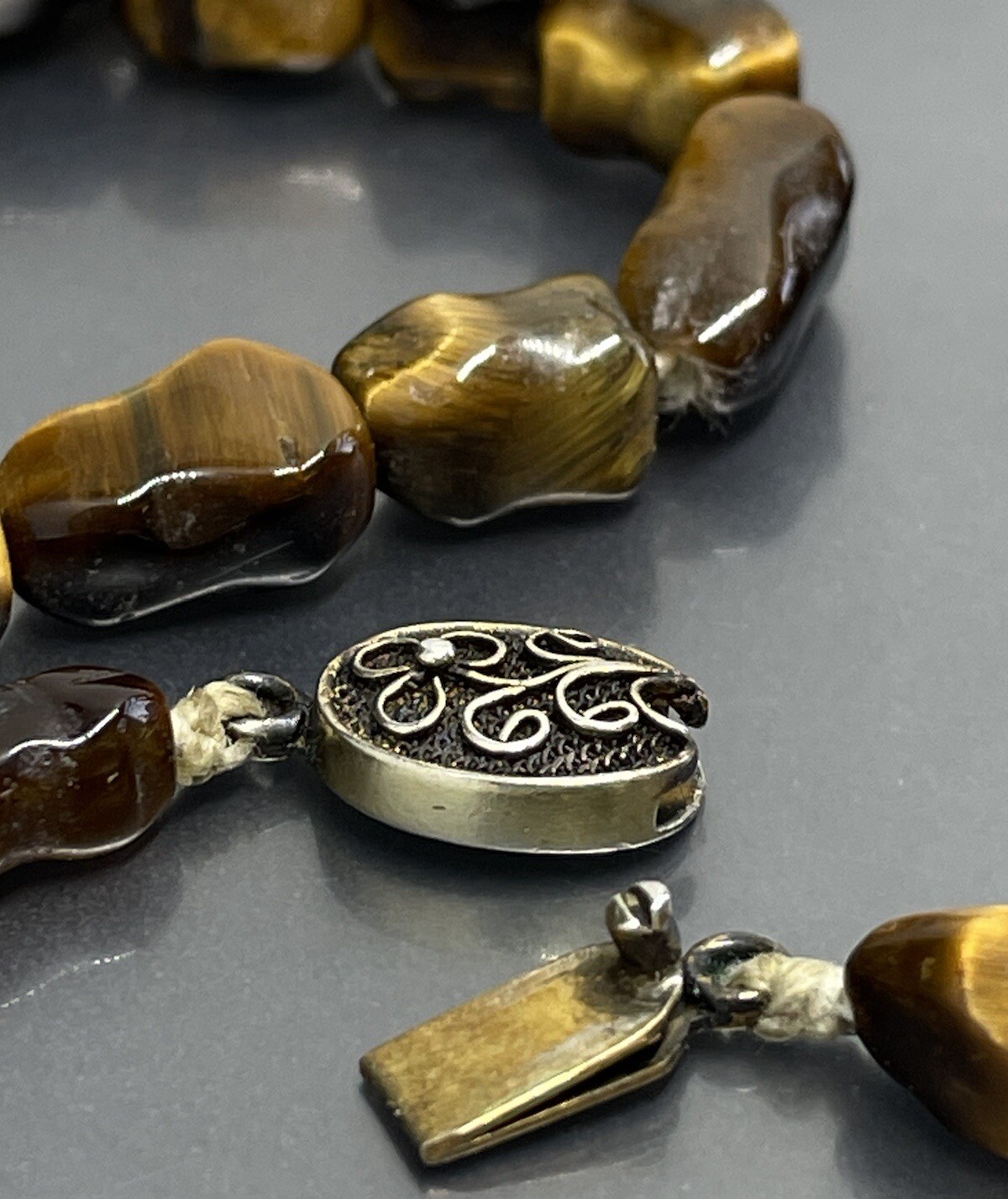Vtg Sterling Silver Clasp Hand Knotted Tiger’s Eye Beaded Long Necklace 24.75”