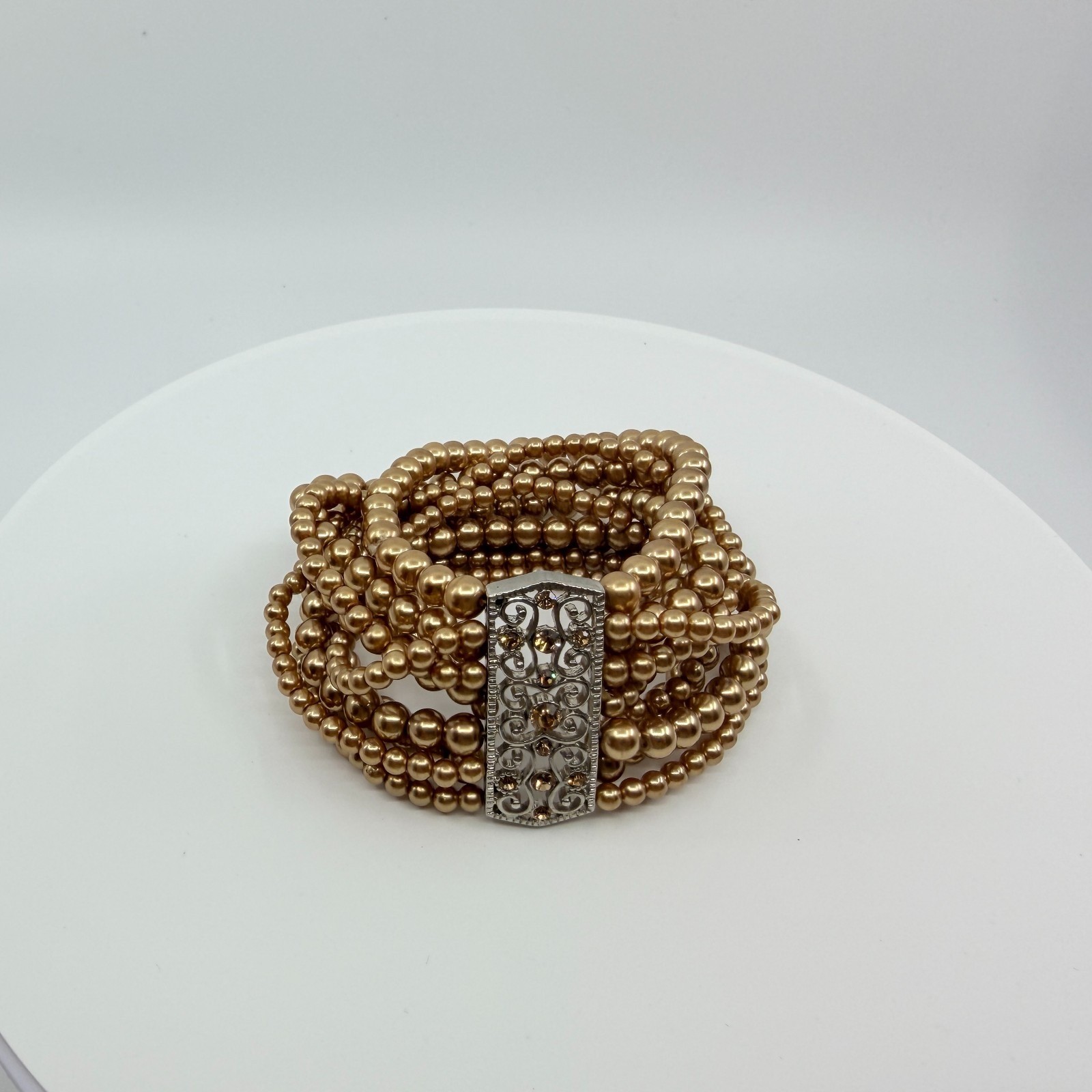 Bracelet Vintage Champagne Faux Pearl Multi Strand Silver Tone Filigree Retro
