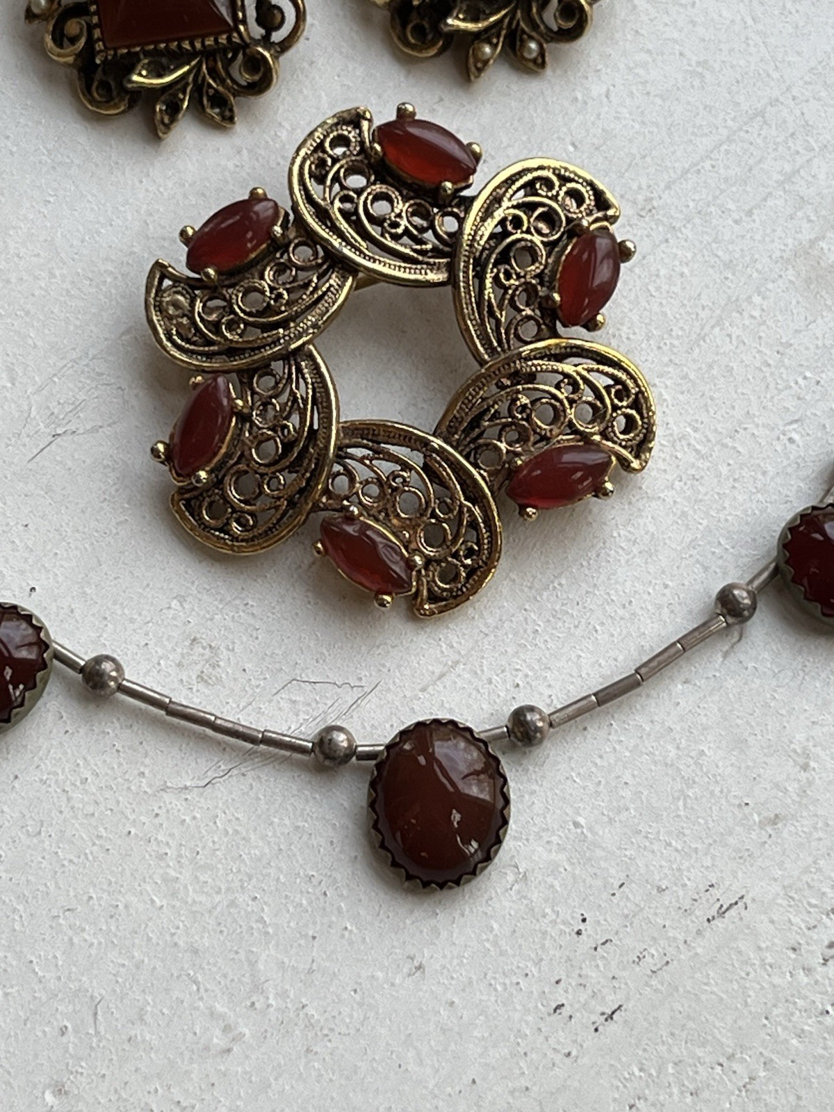 Vintage Carnelian Cabochon ART Clip On Earrings TACOA Brooch And Necklace Set