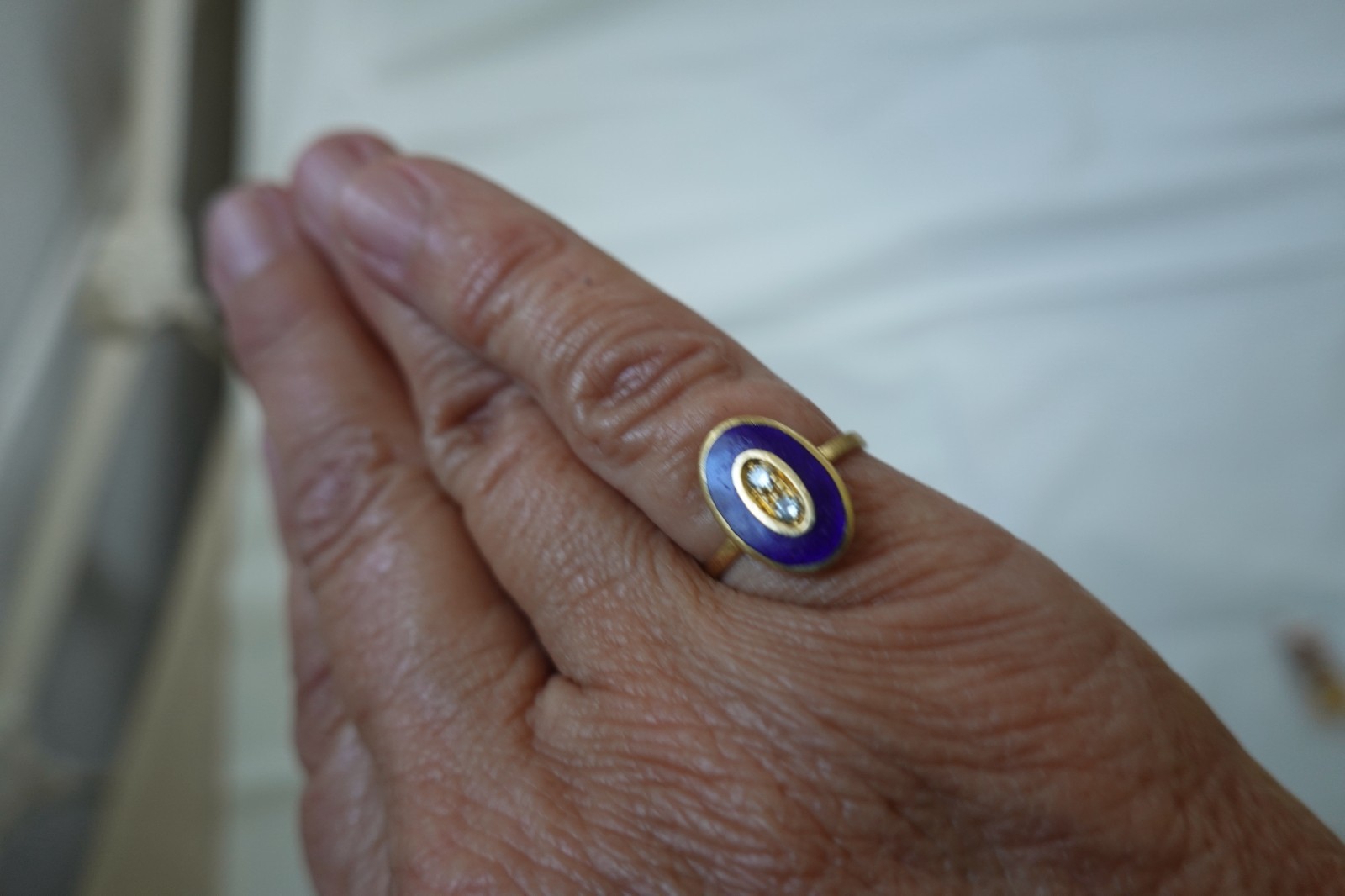Vintage Italian 14k gold, blue enamel, diamond, ring