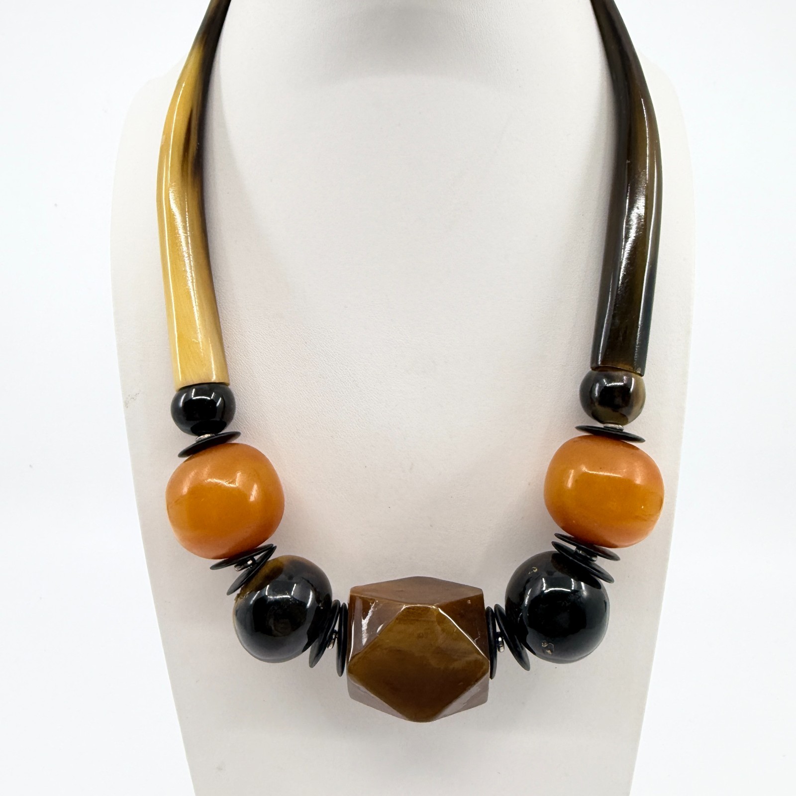 Vintage Chunky Resin Faux Horn Tusk Geometric Bead Statement Necklace Boho 90s