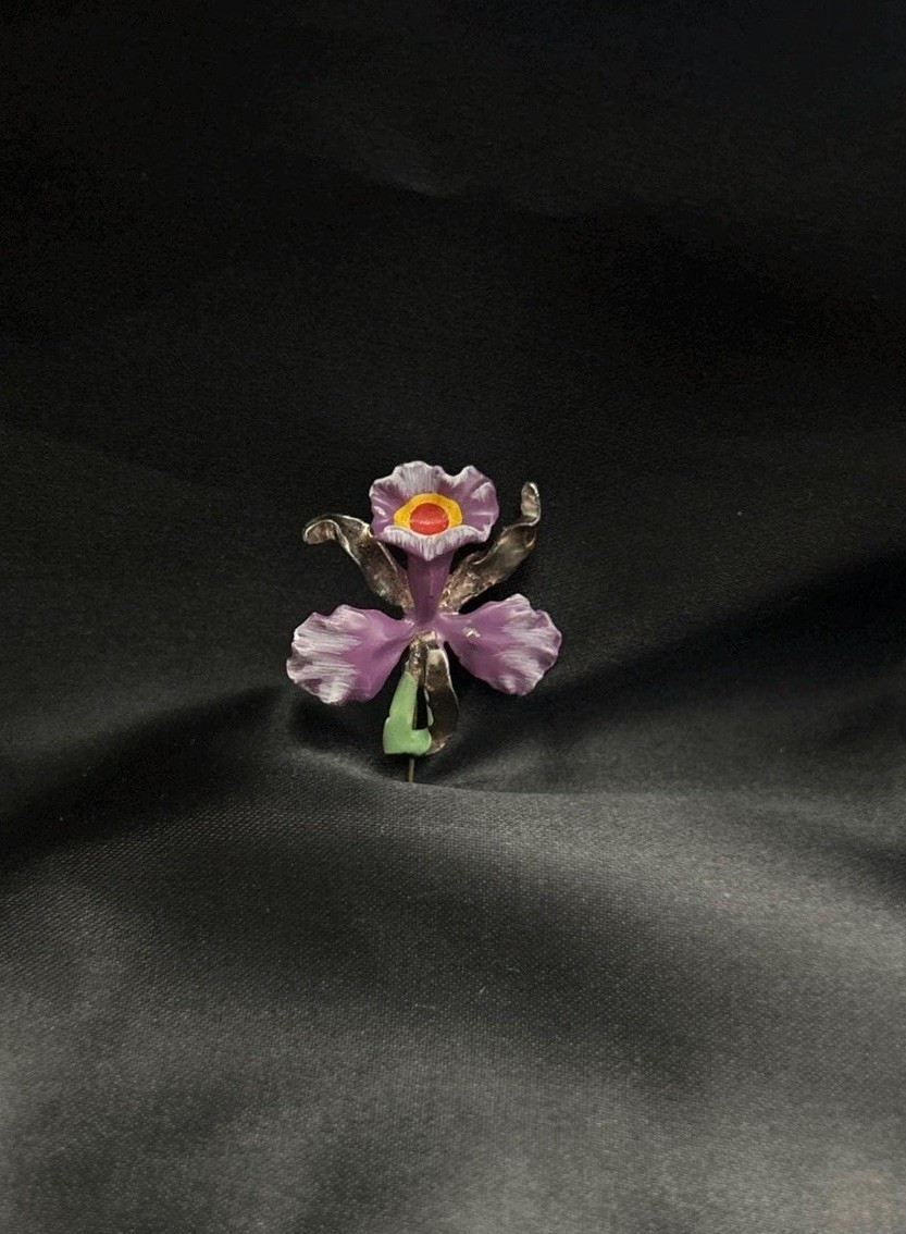 1920s Pot Metal Enamel Orchid Brooch | French Art Nouveau Purple Lavender Flower