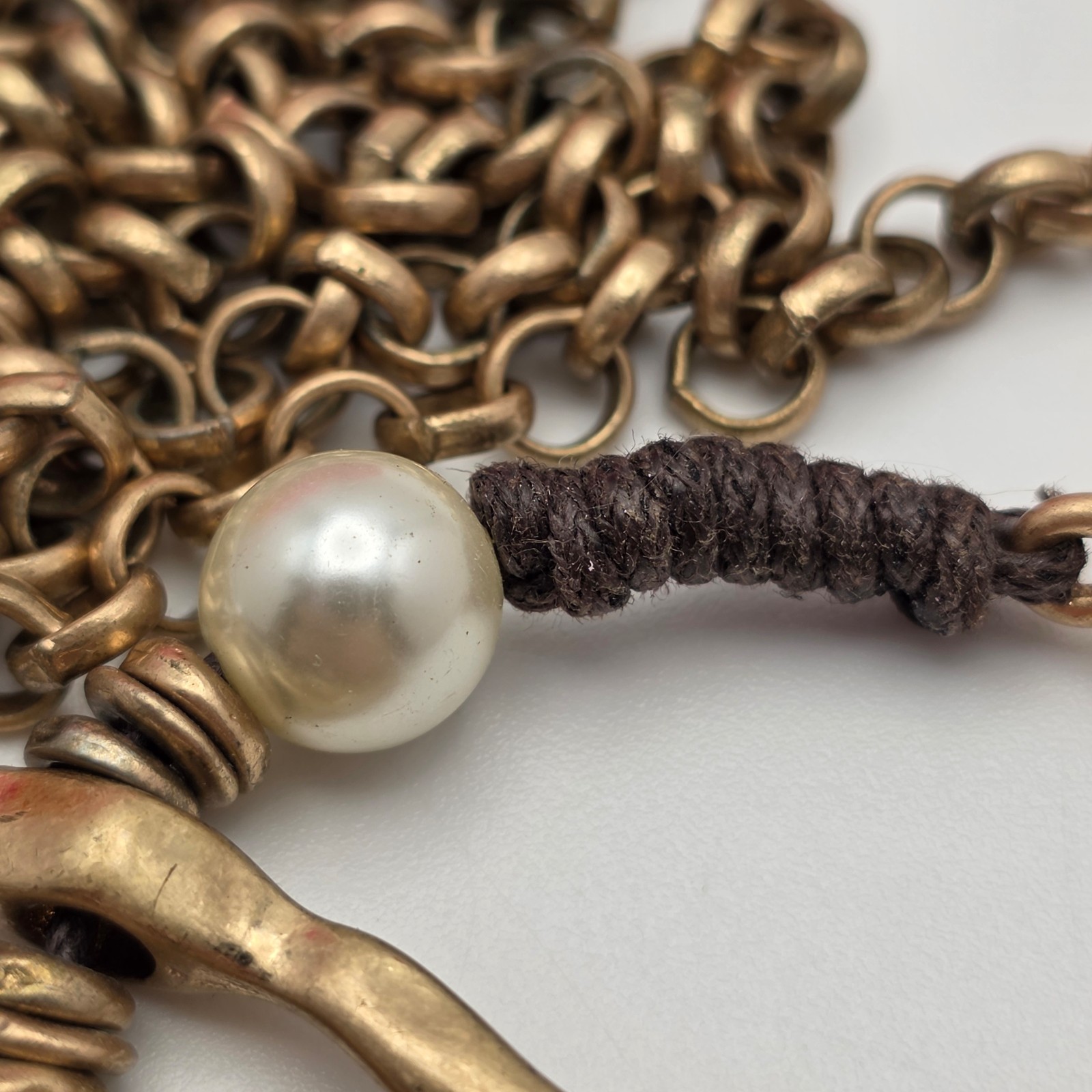 Vintage Hammered Pendant Necklace Faux Pearl Black Wood Bead Artisan Boho 35 In