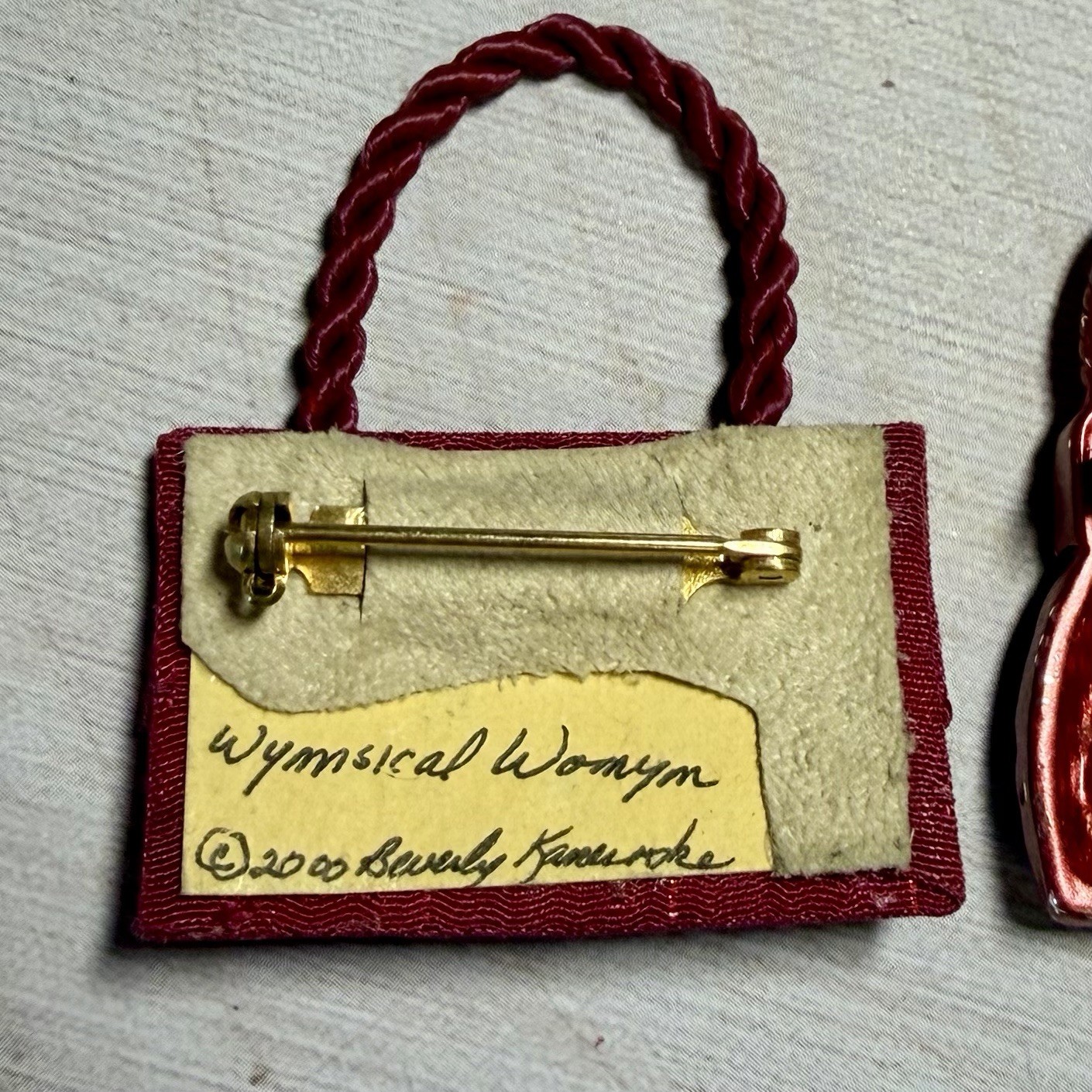 Lot Of 2 Vintage Red Handbag Brooches 1 Enamel & Rhinestone 1 Wymsical Women