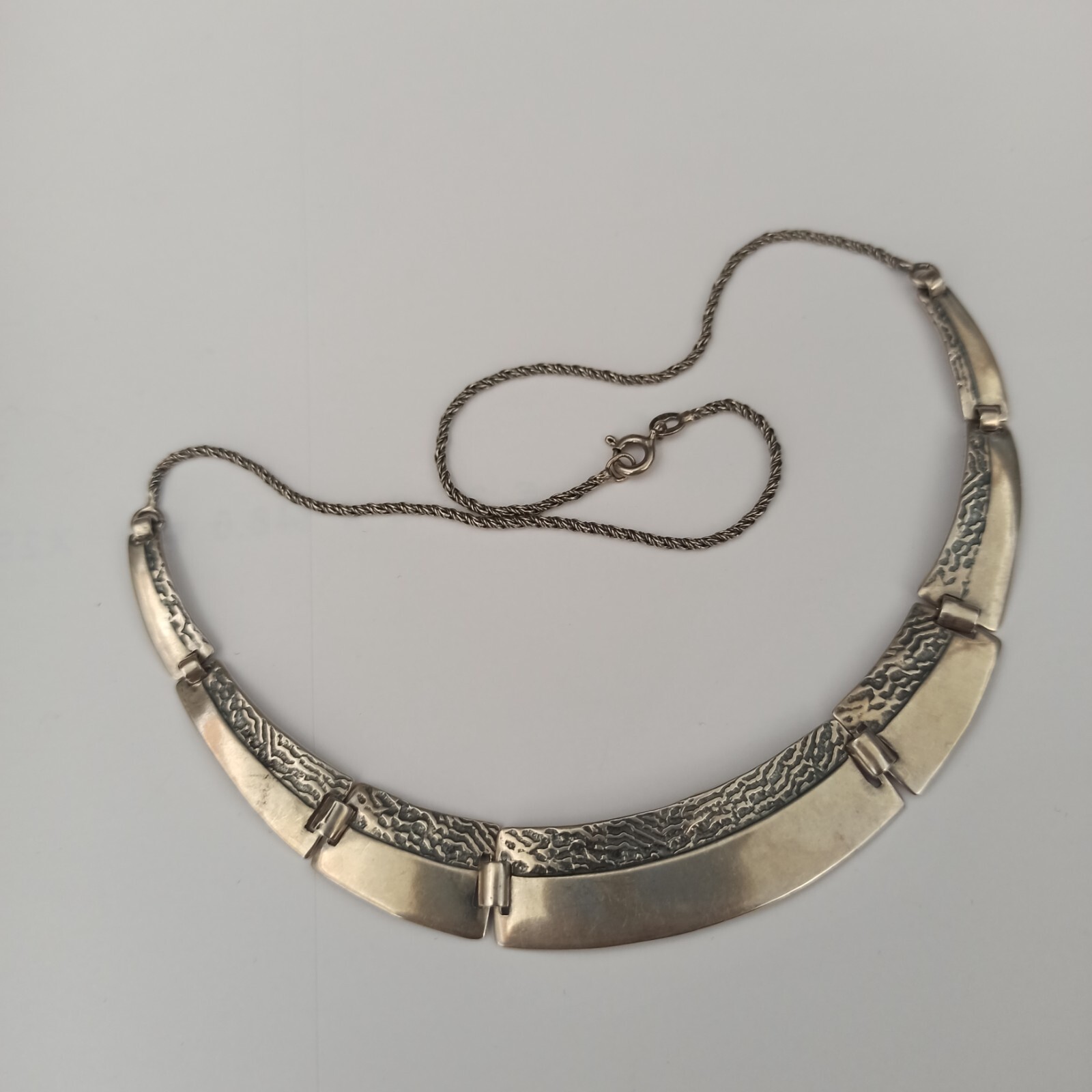 VTG Silver Artisan Necklace Modernist Articulated Links Textured Bib 90s Gift