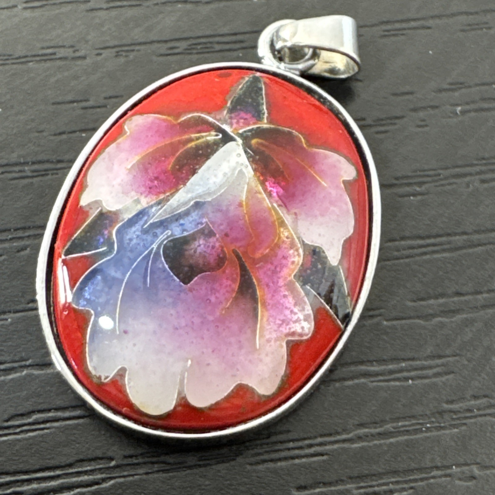 Vintage Floral Enamel Pendant Silver / Chrome Toned Finish