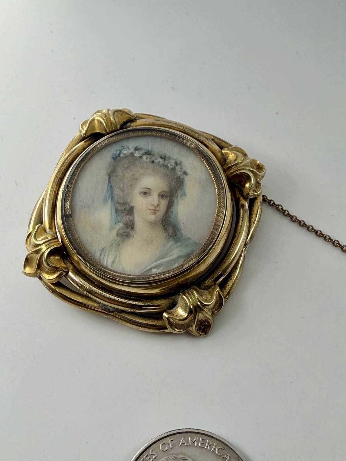 Victorian Hand Painted Georgian Lady Porcelain Portrait Frame Locket Brooch