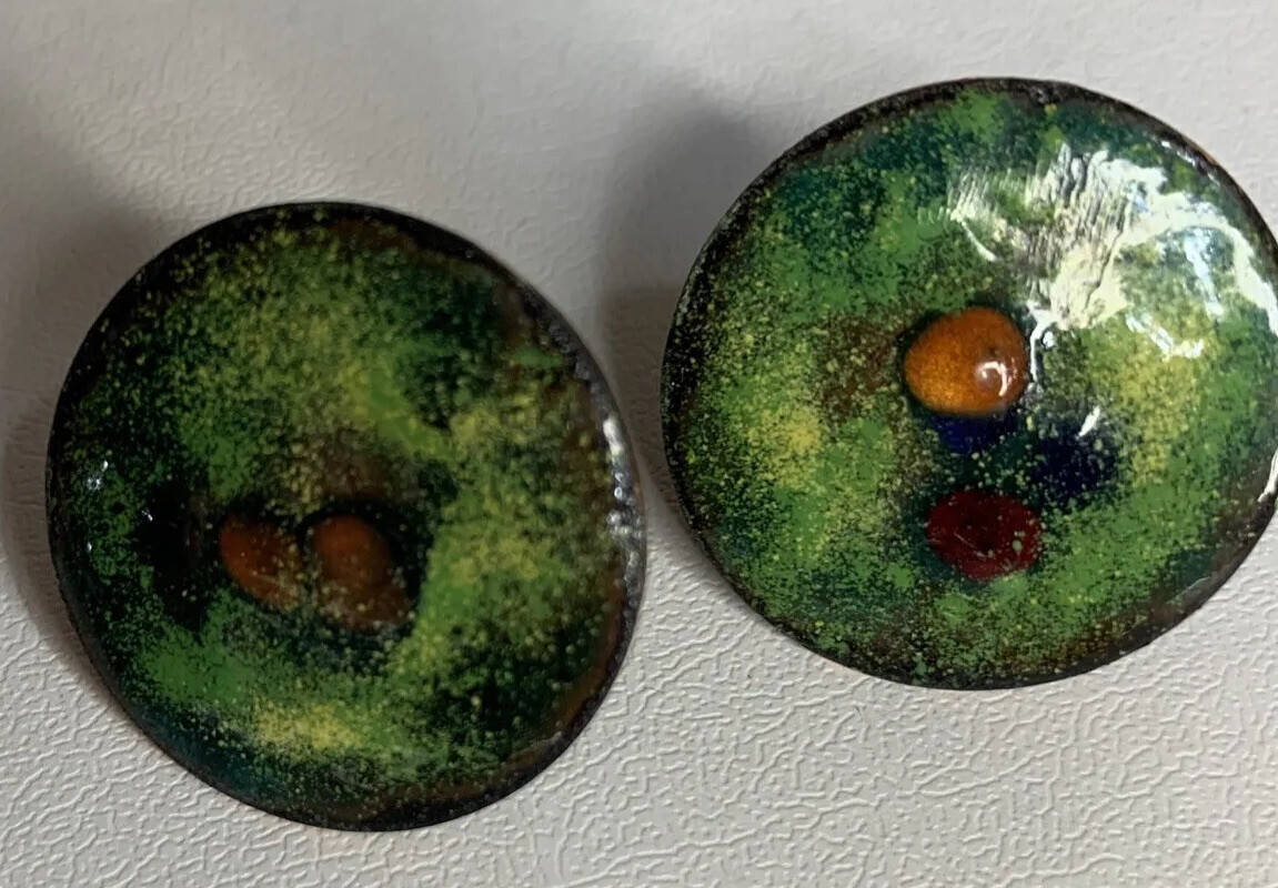 Vtg Estate MCM Earrings Enamel on Copper Screw On Round Discs Earthtones