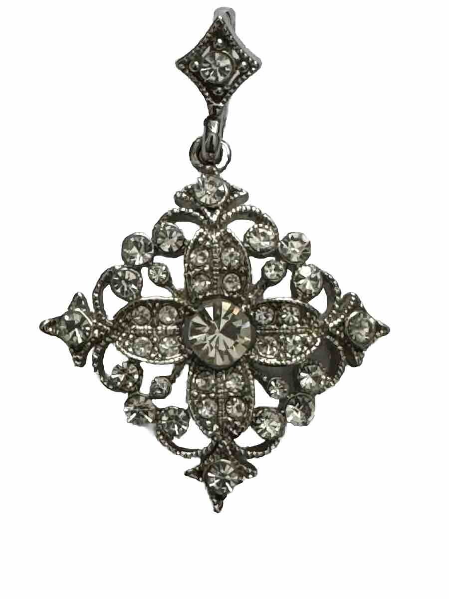 Diamond-Shape Pendant Art Deco Clear Rhinestones Silver Rhodium Plated 2” x 1.5”