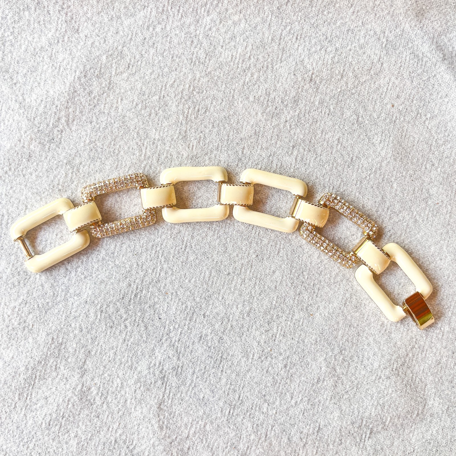 Vintage Ivory Enamel Gold Tone Link Bracelet Rhinestone Statement Chunky Deco