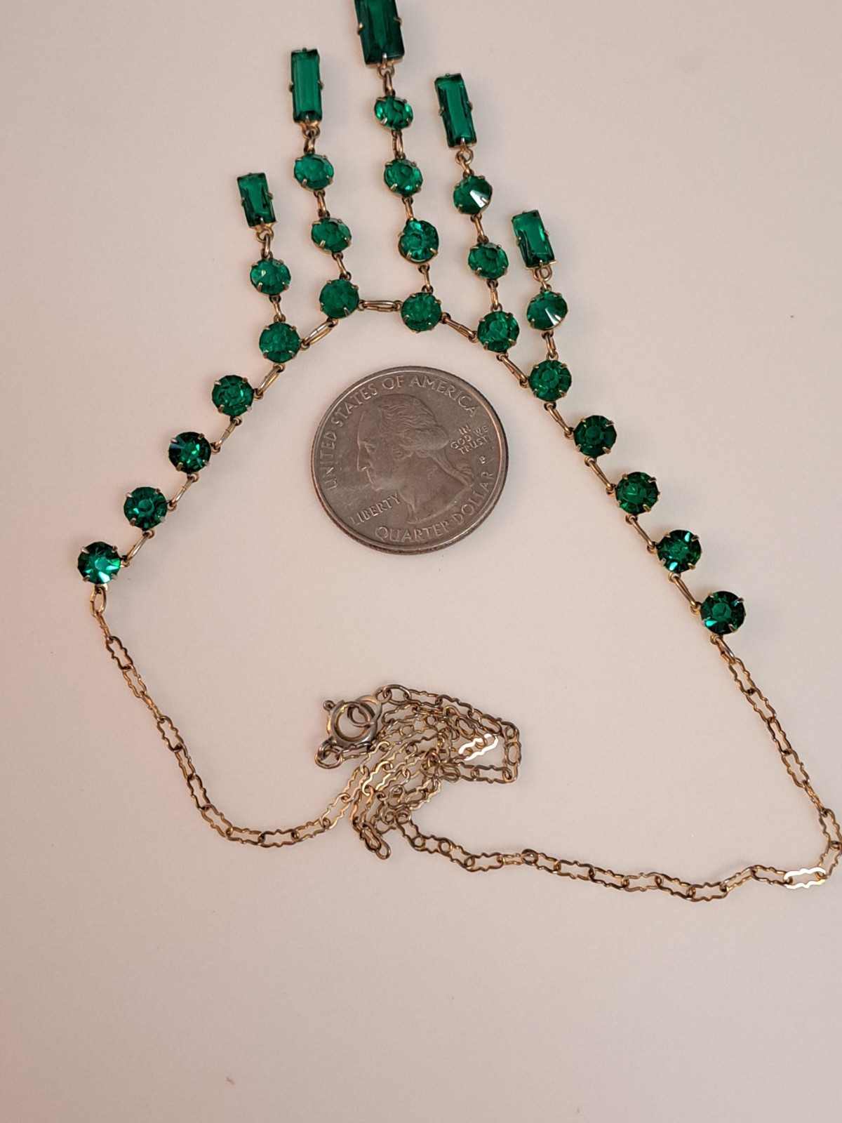 Vintage Art Deco Revival Green Glass Festoon Bib Necklace Gold Tone Fringe Drops