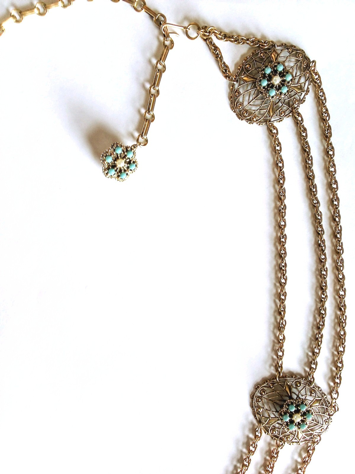 Vintage Gold Tone Chain With Faux Turquoise And Pearl Necklace Or Belt
